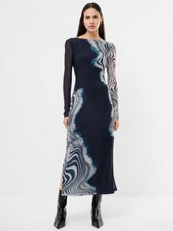French Connection Celeste Shuri Mesh Midi Dress, Black/Multi, Black/Multi