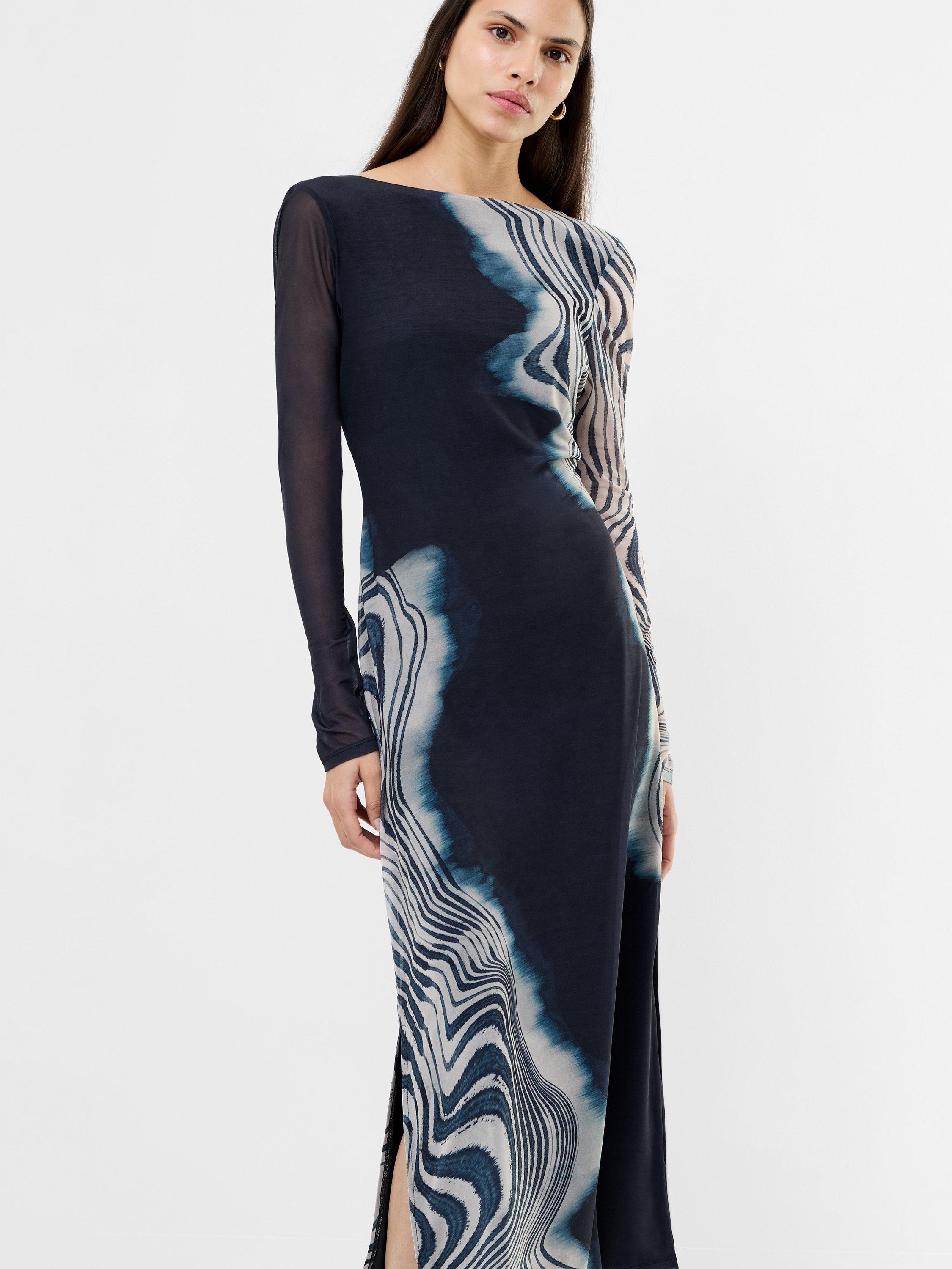 Product image 2 of 4, which shows French Connection Celeste Shuri Mesh Midi Dress, Black/Multi, XS