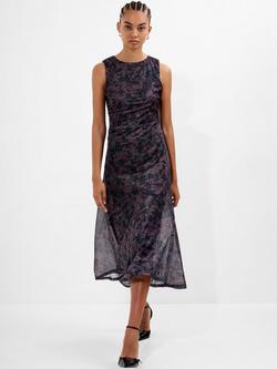 French Connection Lorrie A-Line Ruched Midi Dress, Brown/Multi - view 2, Brown/Multi