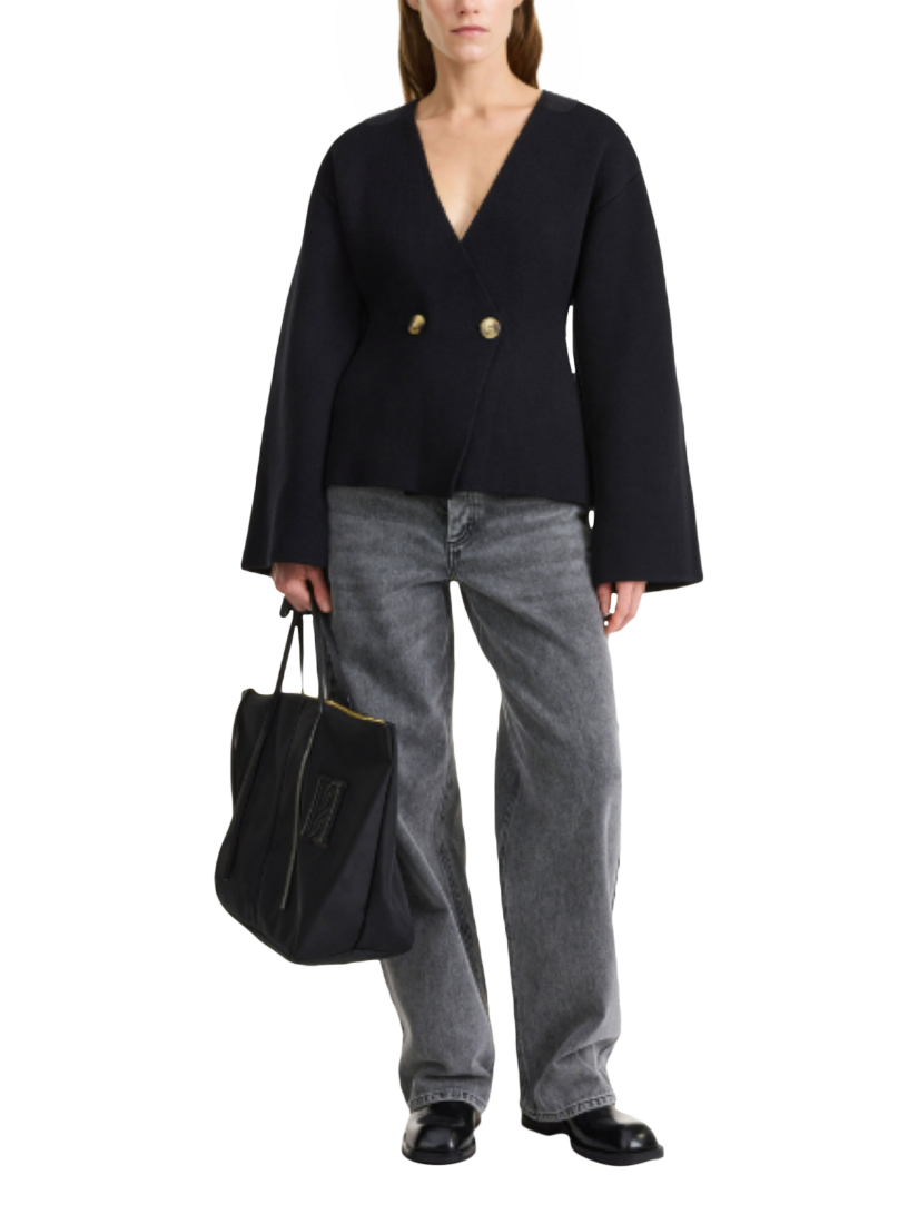 Product image 1 of 4, which shows By Malene Birger Tinley Wool Blend V-Neck Cardigan, Black, XS
