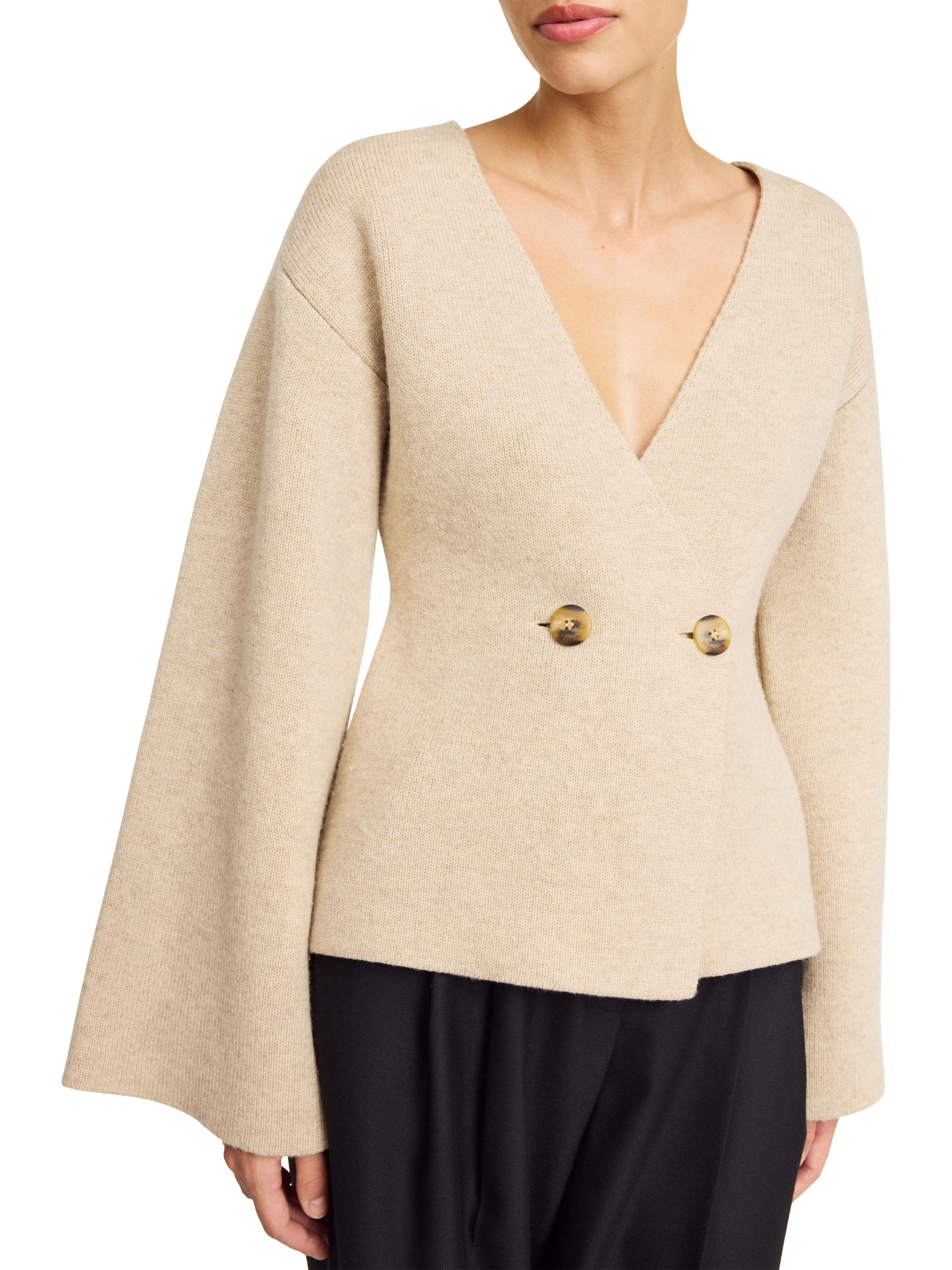 Product image 2 of 3, which shows By Malene Birger Tinley Wool Blend V-Neck Cardigan, Beige, XS