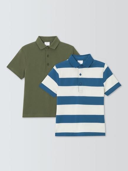 John Lewis Kids' Plain/Stripe Pique Polo Shirts, Pack of 2, Multi, Multi