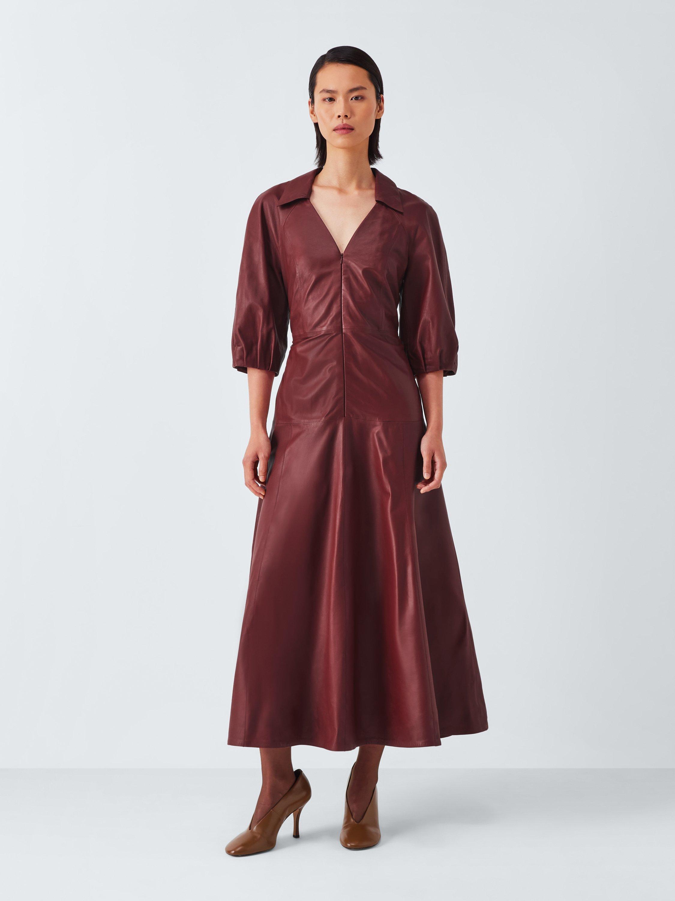 Product image 1 of 9, which shows John Lewis A-Line Collared Leather Midi Dress, Fired Brick, 8