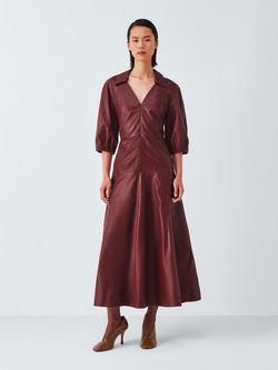 John Lewis A-Line Collared Leather Midi Dress, Fired Brick, Fired Brick