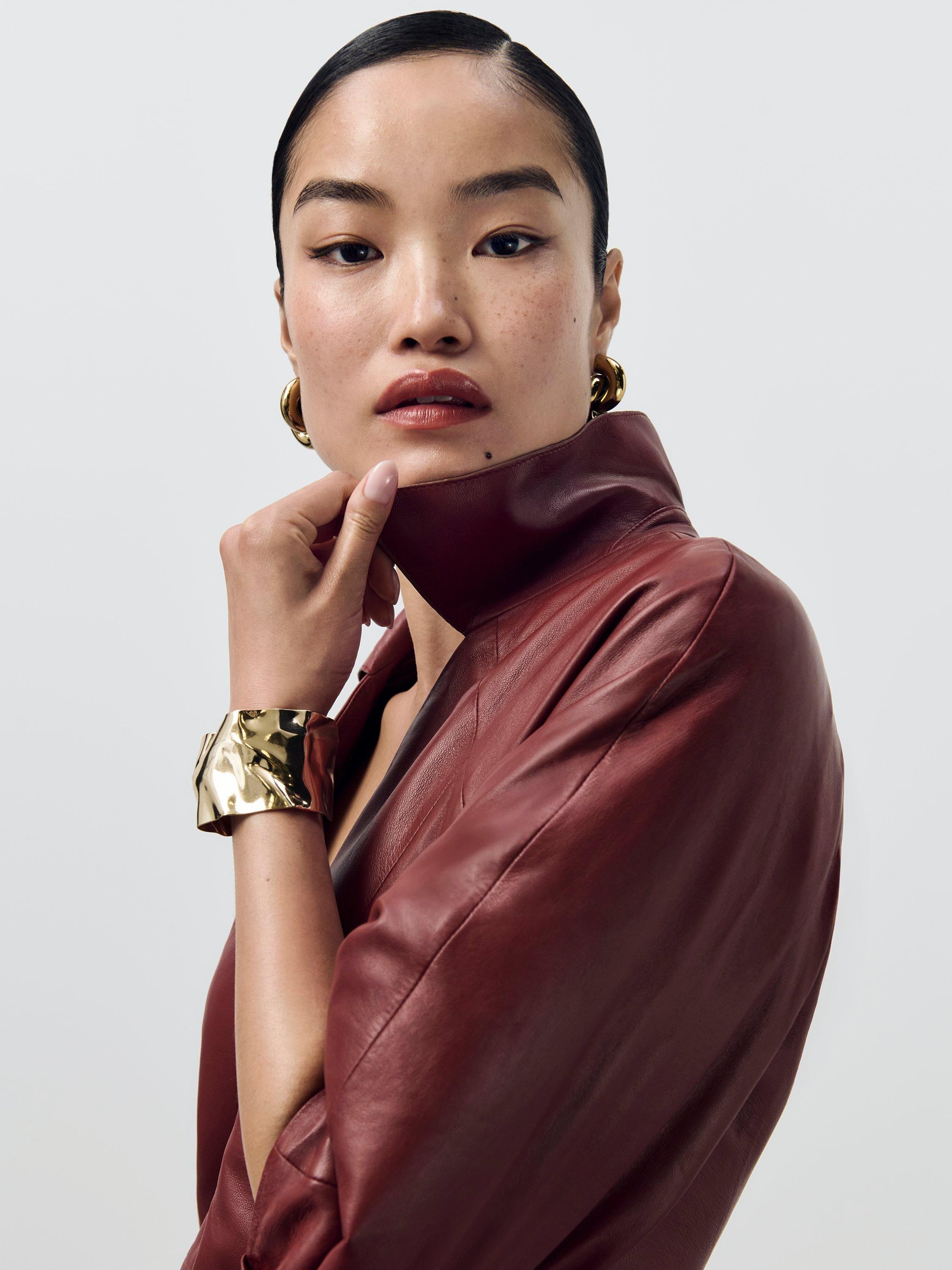 Product image 9 of 9, which shows John Lewis A-Line Collared Leather Midi Dress, Fired Brick, 8