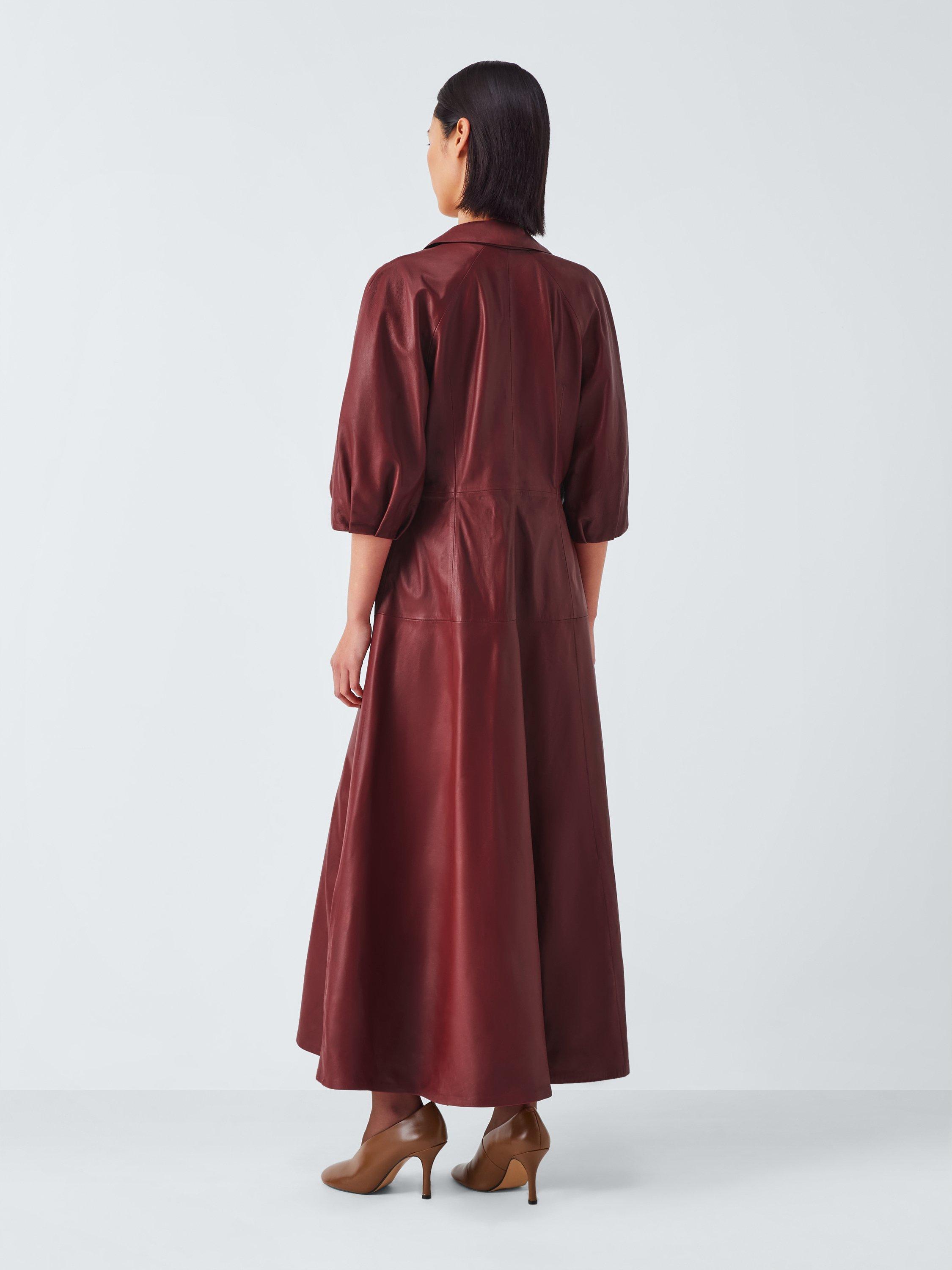 Product image 2 of 9, which shows John Lewis A-Line Collared Leather Midi Dress, Fired Brick, 8