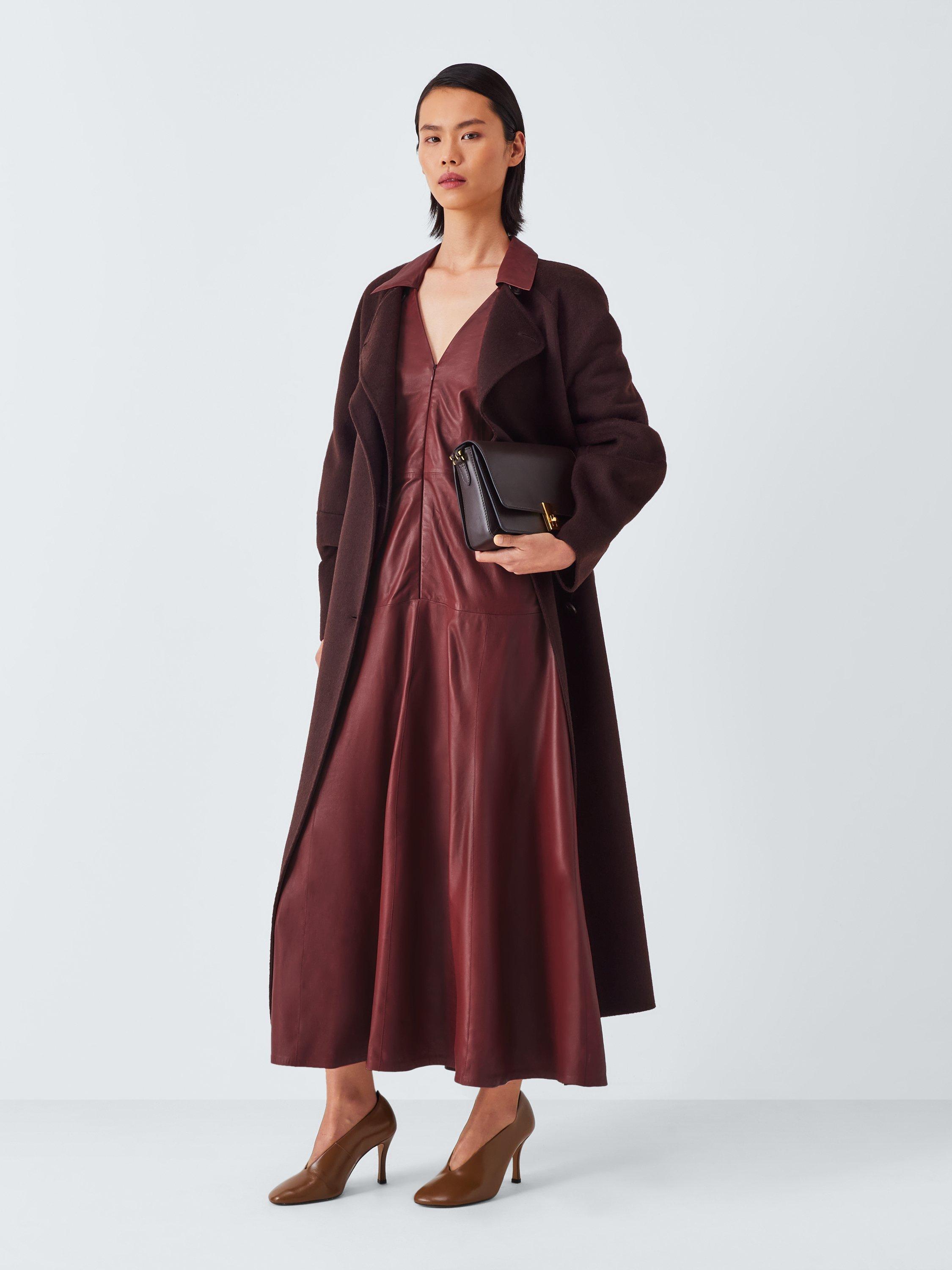Product image 3 of 9, which shows John Lewis A-Line Collared Leather Midi Dress, Fired Brick, 8
