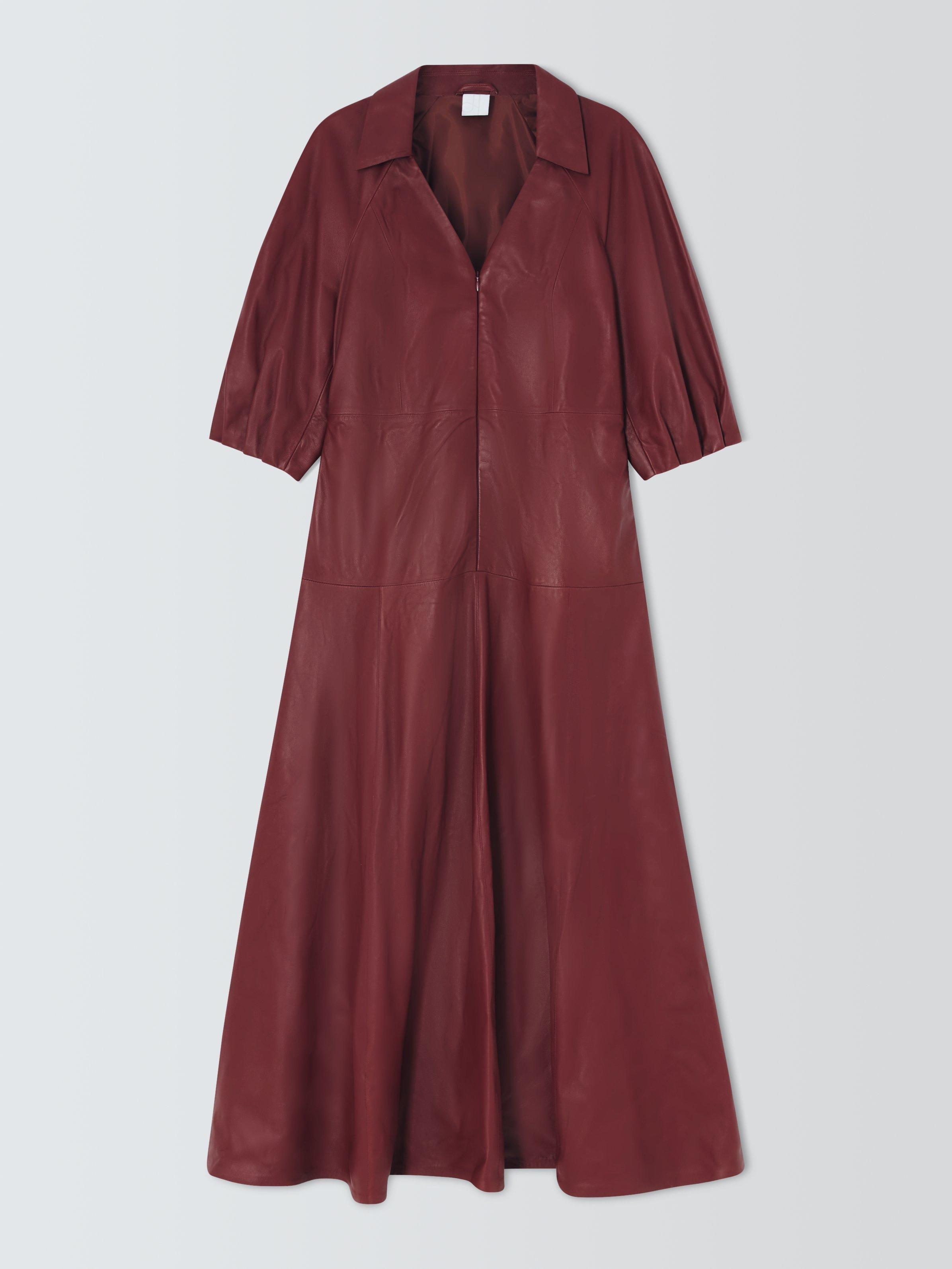 Product image 4 of 9, which shows John Lewis A-Line Collared Leather Midi Dress, Fired Brick, 8