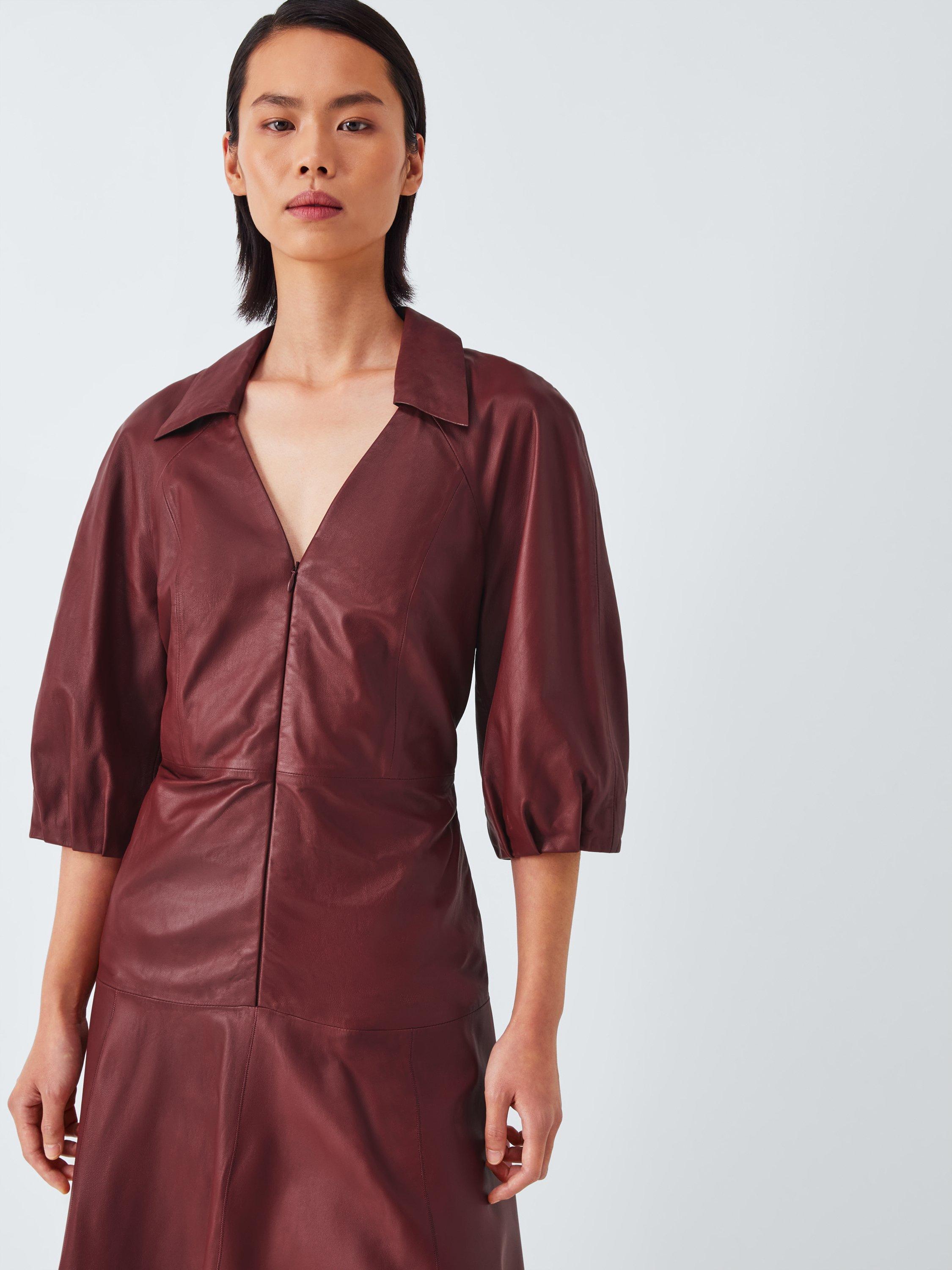 Product image 5 of 9, which shows John Lewis A-Line Collared Leather Midi Dress, Fired Brick, 8