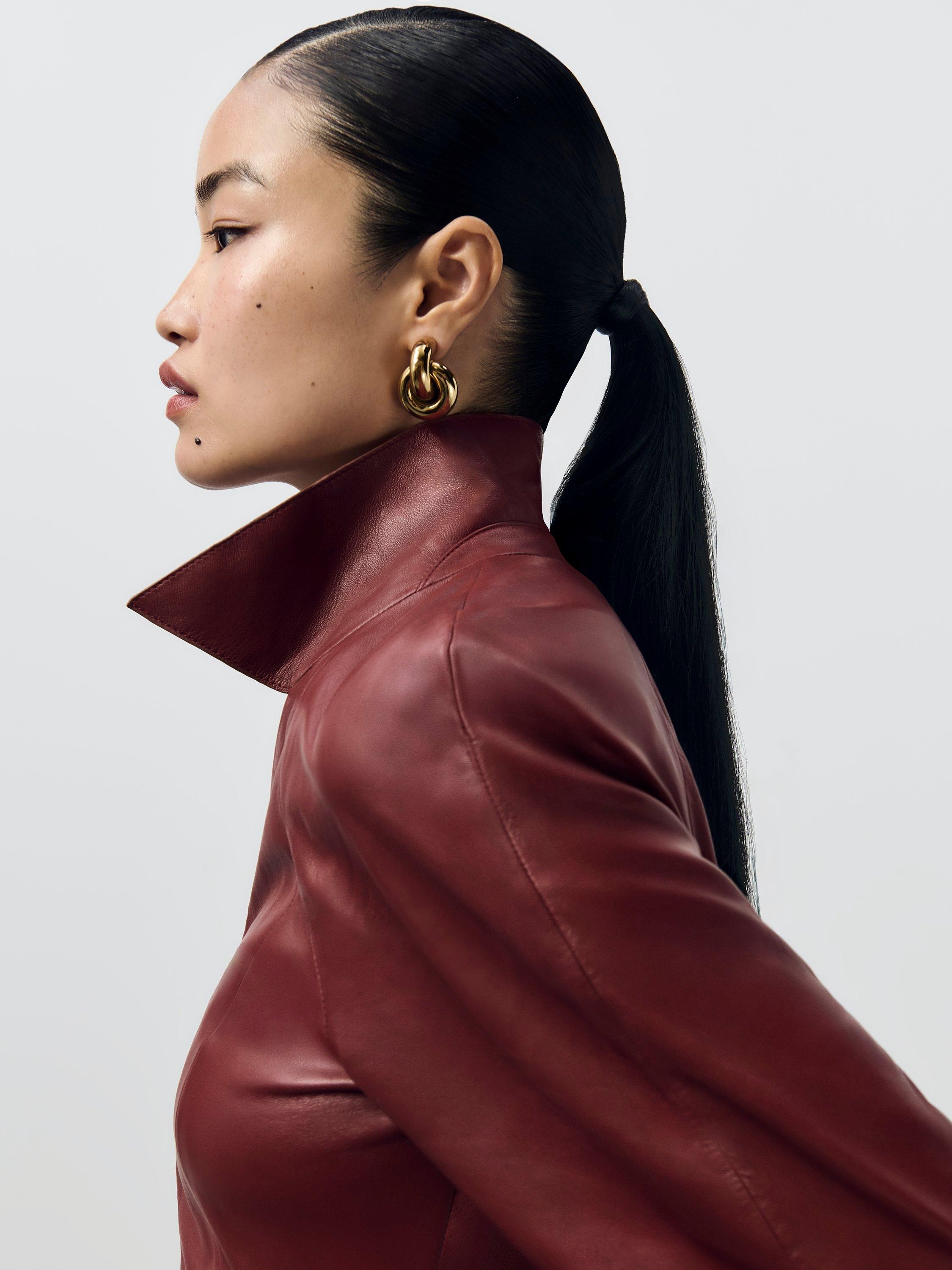 Product image 8 of 9, which shows John Lewis A-Line Collared Leather Midi Dress, Fired Brick, 8