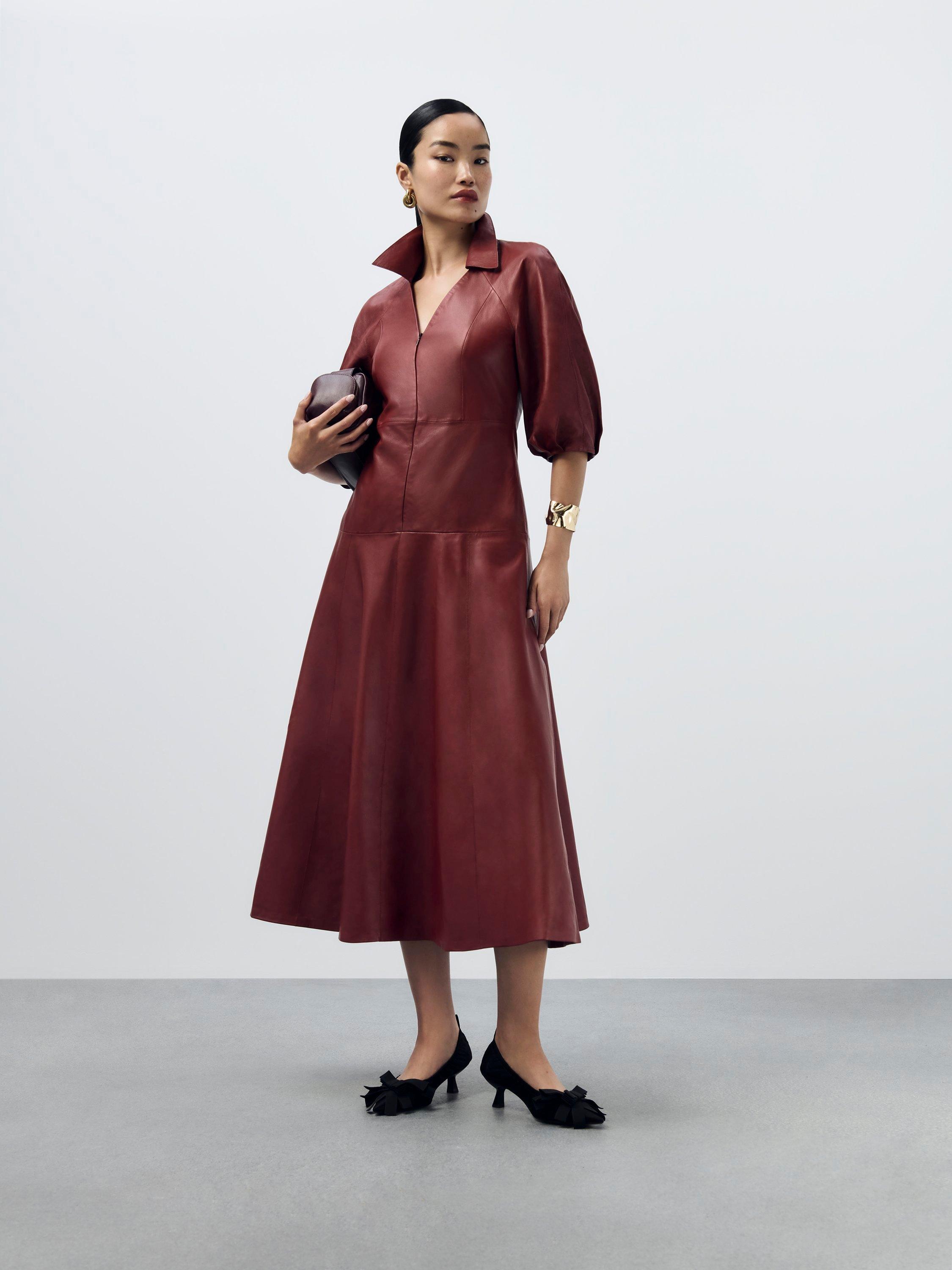 Product image 7 of 9, which shows John Lewis A-Line Collared Leather Midi Dress, Fired Brick, 8