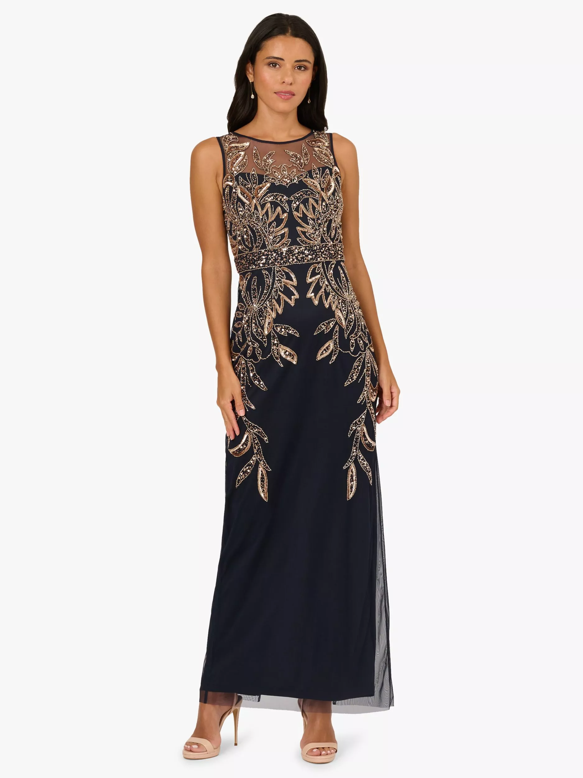 Adrianna Papell Studio Beaded High Neck Maxi Dress, Navy/Rosegold