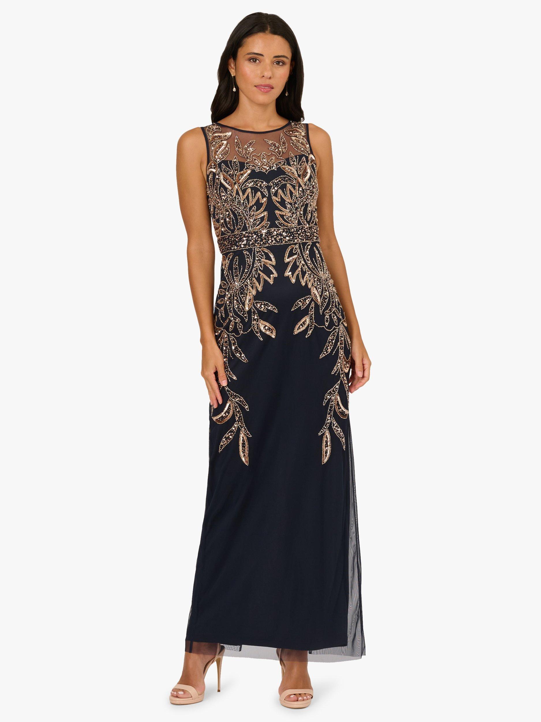 Adrianna Papell Studio Beaded High Neck Maxi Dress, Navy/Rosegold