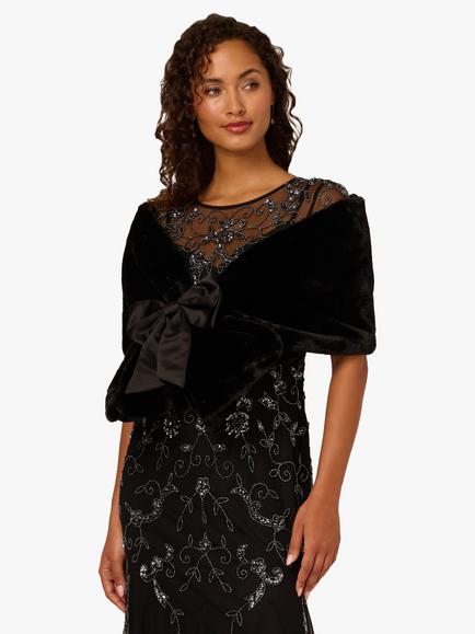 Adrianna Papell Faux Fur Satin Bow Coverup, Black, Black