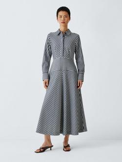 John Lewis Striped Cotton Blend Midi Shirt Dress, Grey/Multi, Grey/Multi