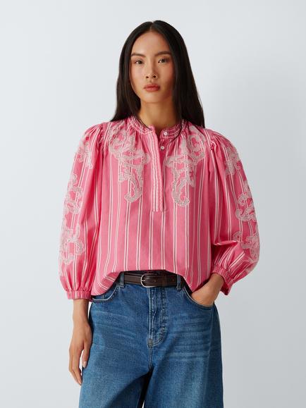 AND/OR Letitia Cotton Stripe Cutwork Top, Pink/Multi, Pink/Multi