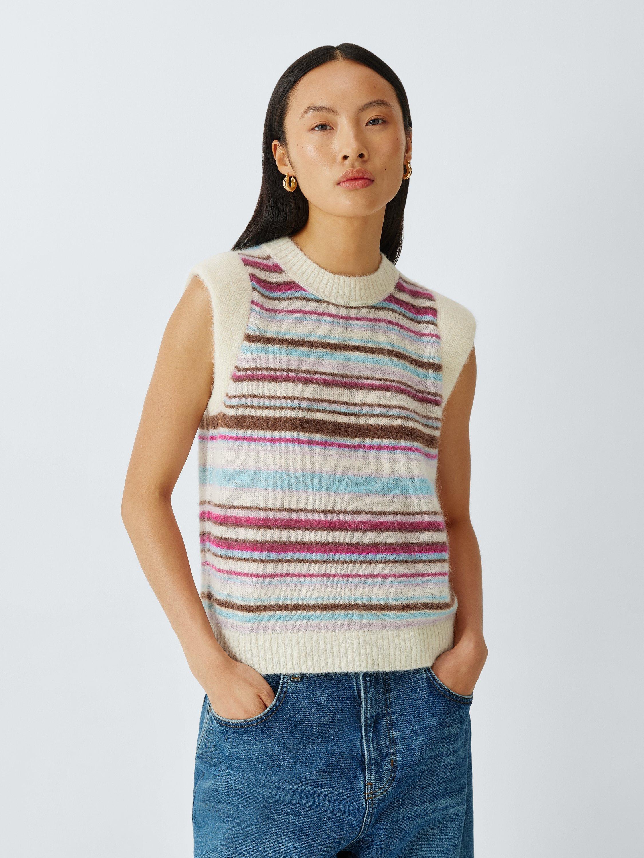 Product image 1 of 6, which shows John Lewis Wool Blend Crew Neck Cap Sleeve Vest, Pink Multi Stripe, XS