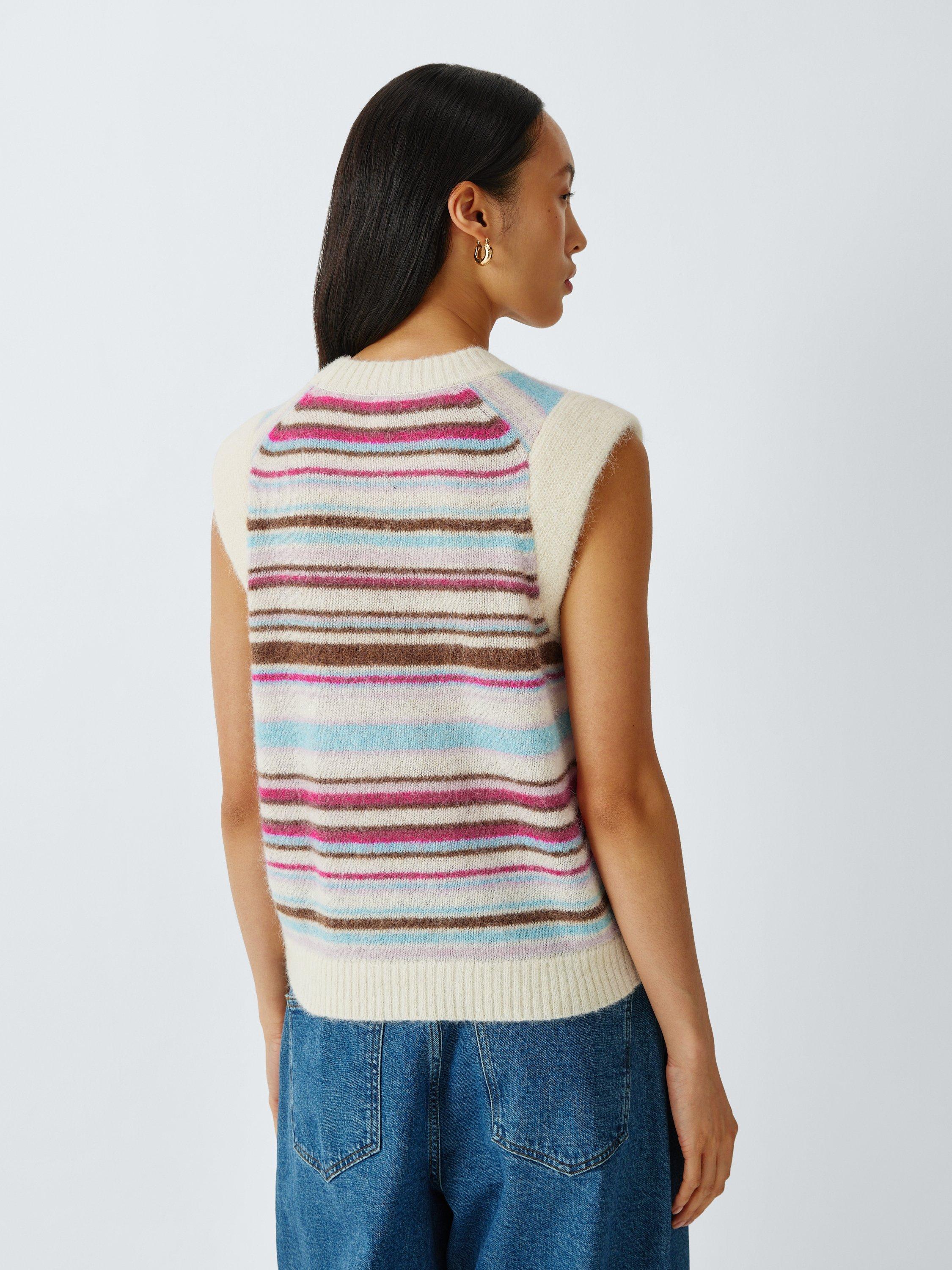 Product image 2 of 6, which shows John Lewis Wool Blend Crew Neck Cap Sleeve Vest, Pink Multi Stripe, XS