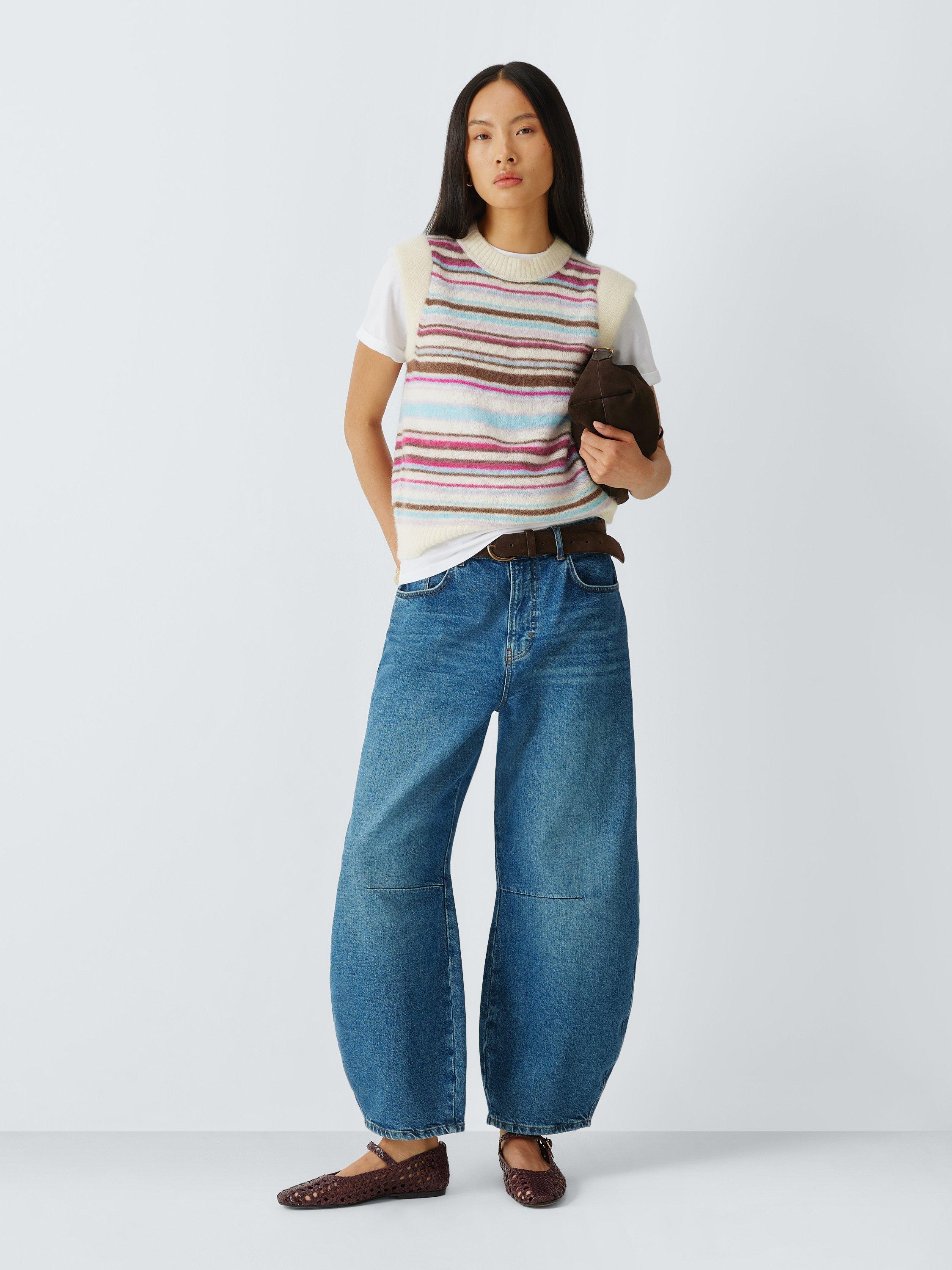 Product image 3 of 6, which shows John Lewis Wool Blend Crew Neck Cap Sleeve Vest, Pink Multi Stripe, XS