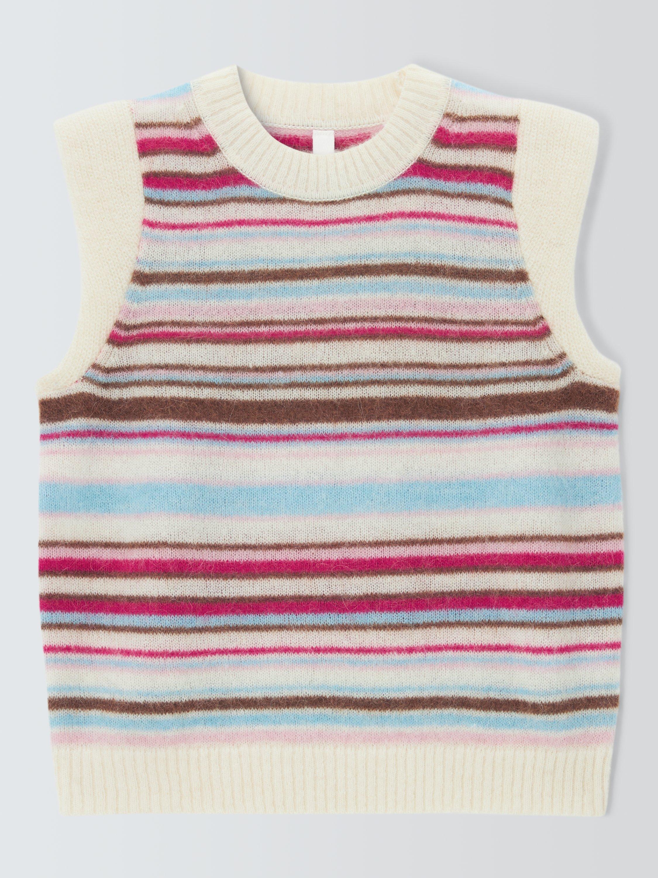 Product image 4 of 6, which shows John Lewis Wool Blend Crew Neck Cap Sleeve Vest, Pink Multi Stripe, XS