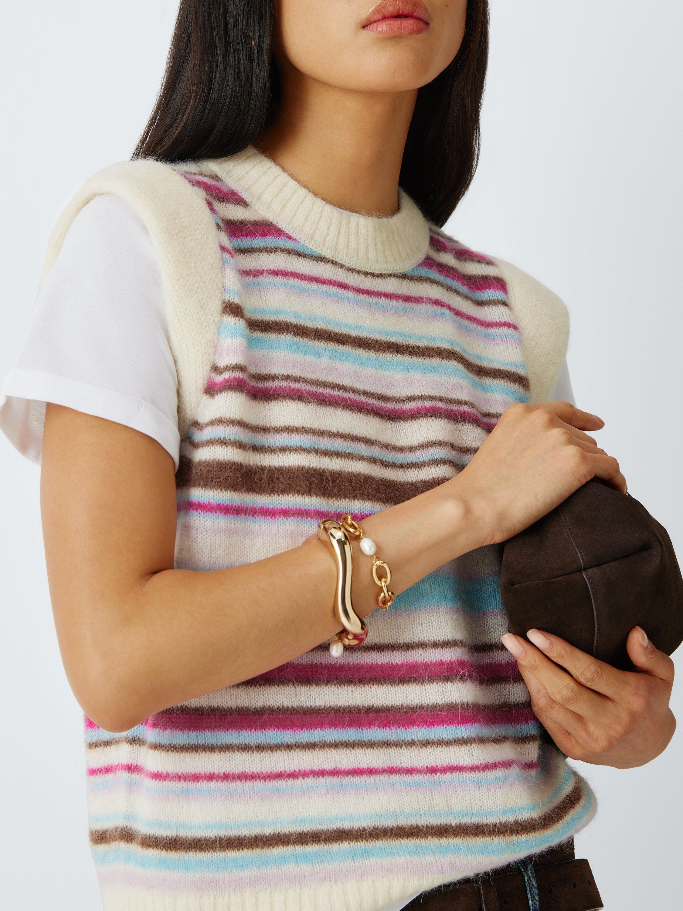 Product image 6 of 6, which shows John Lewis Wool Blend Crew Neck Cap Sleeve Vest, Pink Multi Stripe, XS
