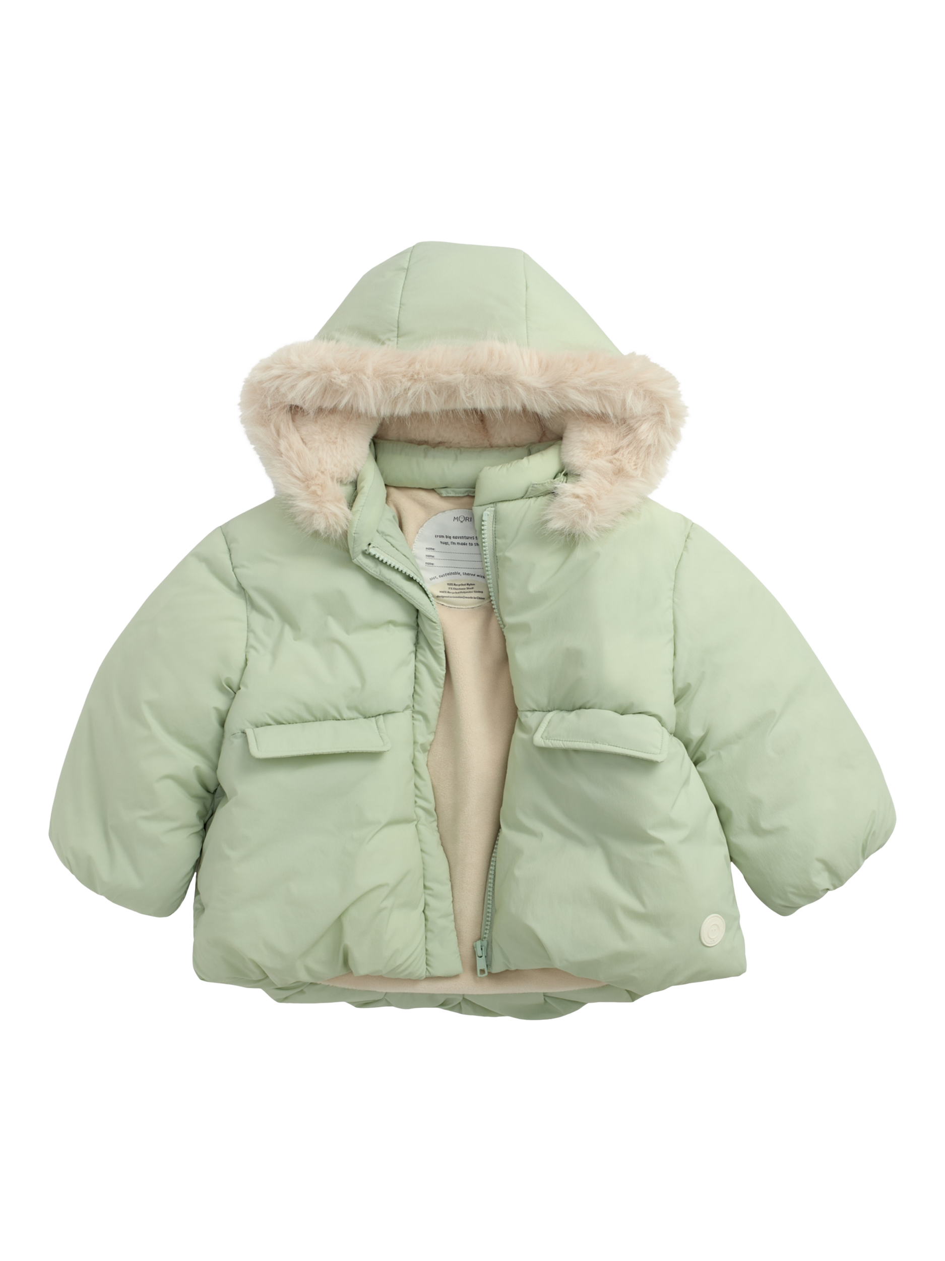 Product image 1 of 3, which shows MORI Kids' Hooded Padded Coat, Sage, 18-24 months
