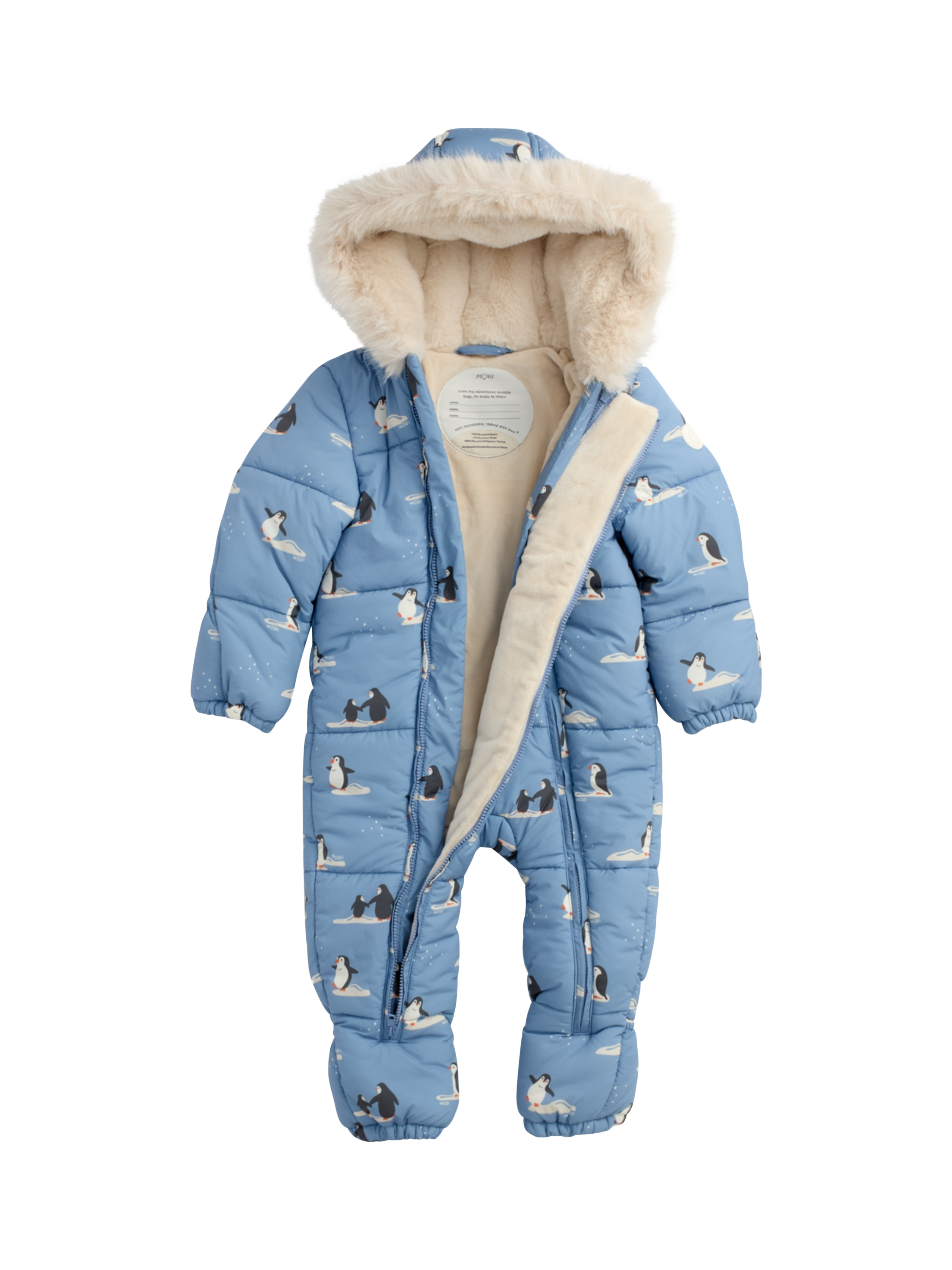 Product image 1 of 7, which shows MORI Baby Penguin Snowsuit, Rainwash Blue, 18-24 months