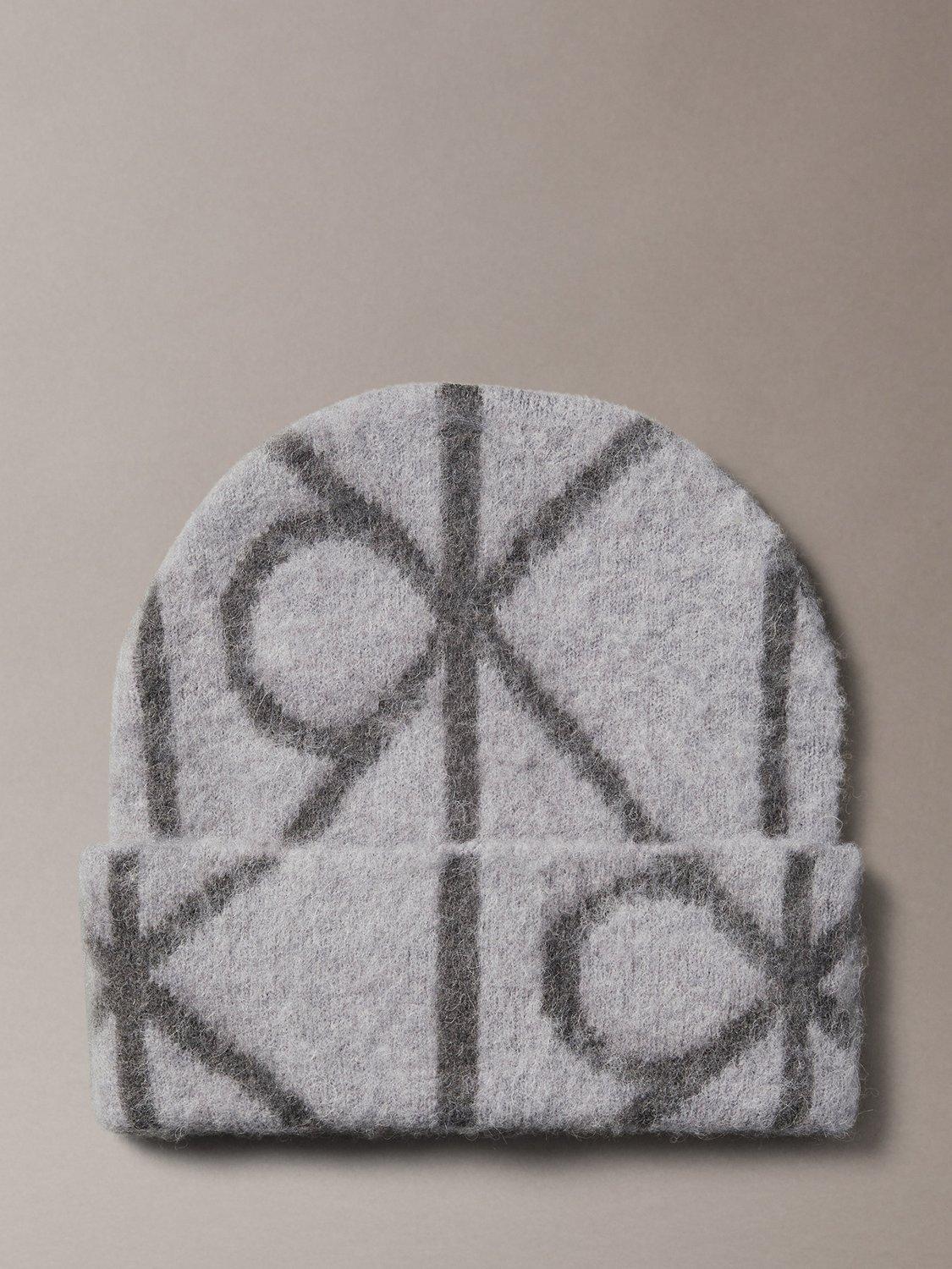 Product image 1 of 3, which shows Calvin Klein Wool Blend Logo Beanie, Charcoal Aop, One Size