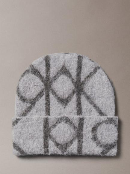Calvin Klein Wool Blend Logo Beanie, Charocal Aop - view 2, Charcoal Aop