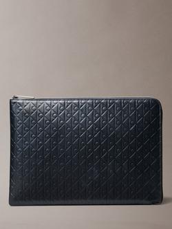 Calvin Klein Leather Embossed Monogram Logo Zip Pouch, Black, Black