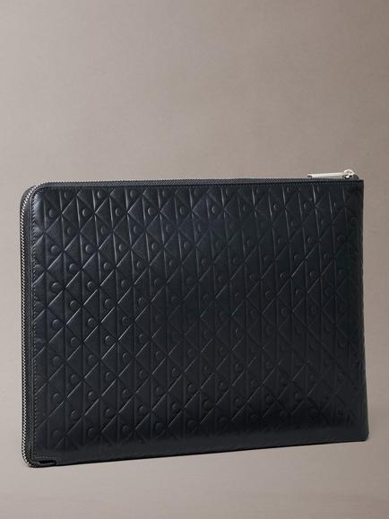 Calvin Klein Leather Embossed Monogram Logo Zip Pouch, Black - view 2, Black
