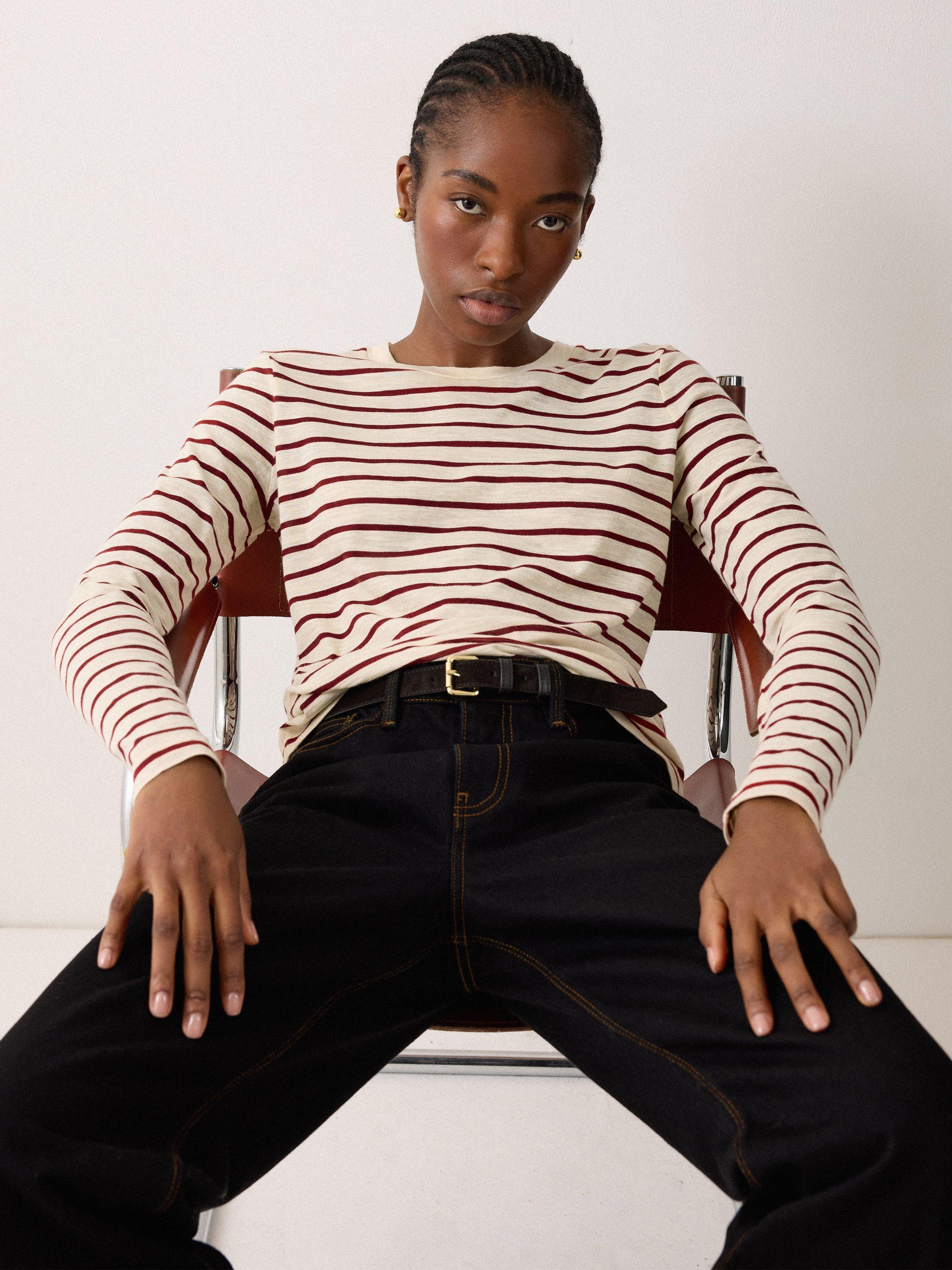 Product image 1 of 5, which shows Jigsaw Stripe Slub Jersey Top, Red/Multi, XS