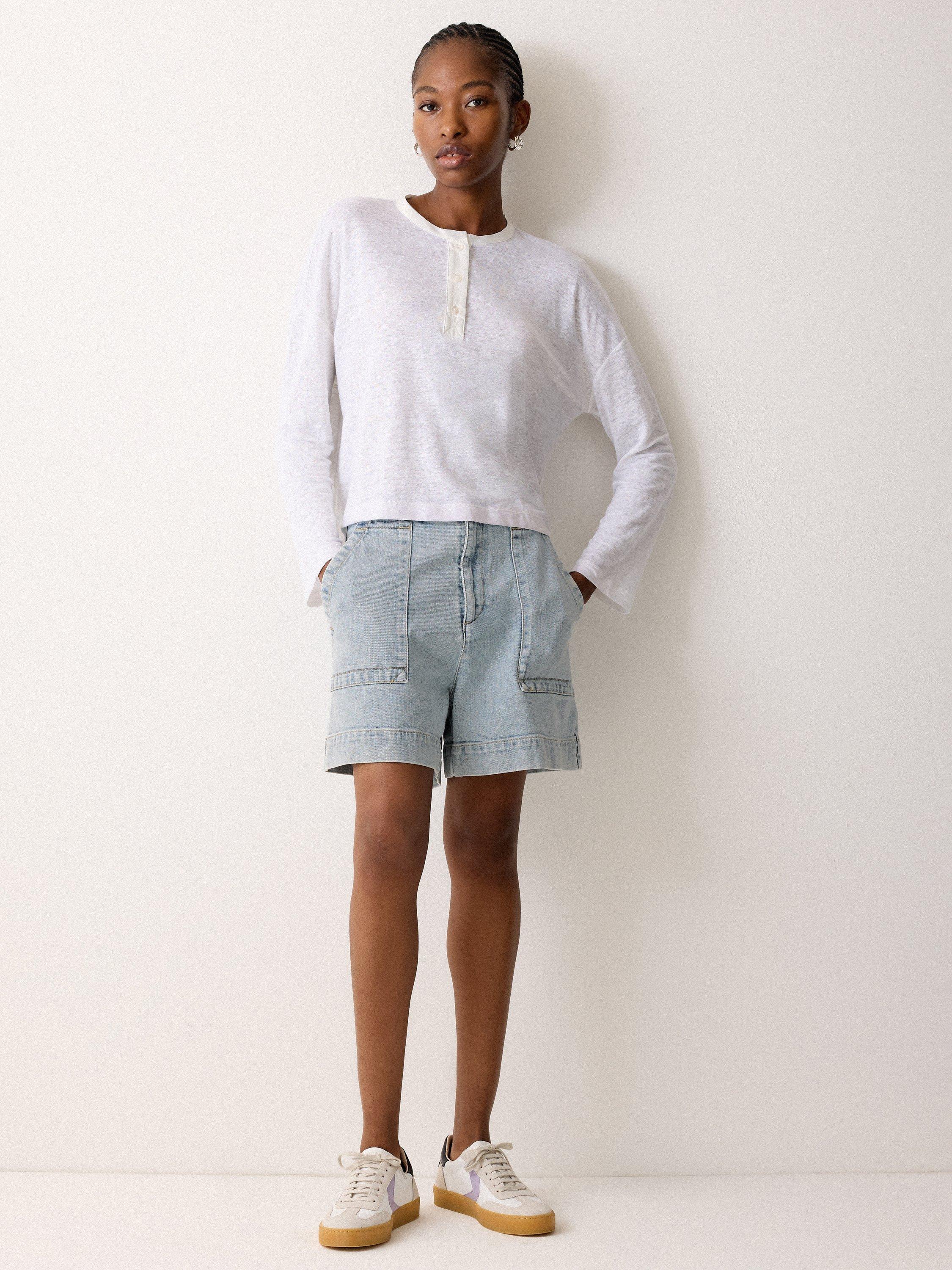 Product image 1 of 1, which shows Jigsaw Patch Pocket High-Waisted Denim Shorts, Mid Blue, 6
