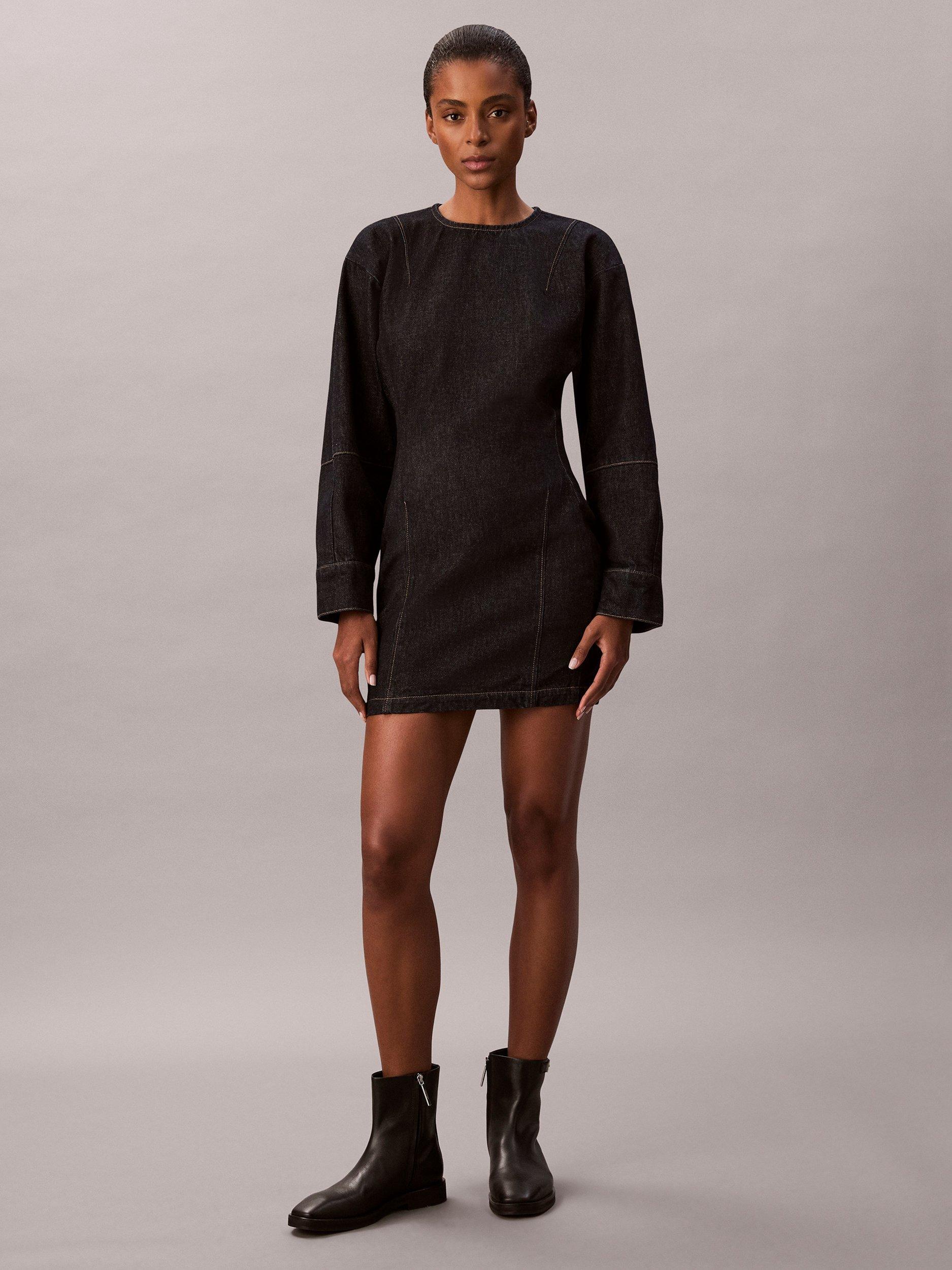 Product image 3 of 6, which shows Calvin Klein Structured Denim Dress, Resin Rinse, XXS