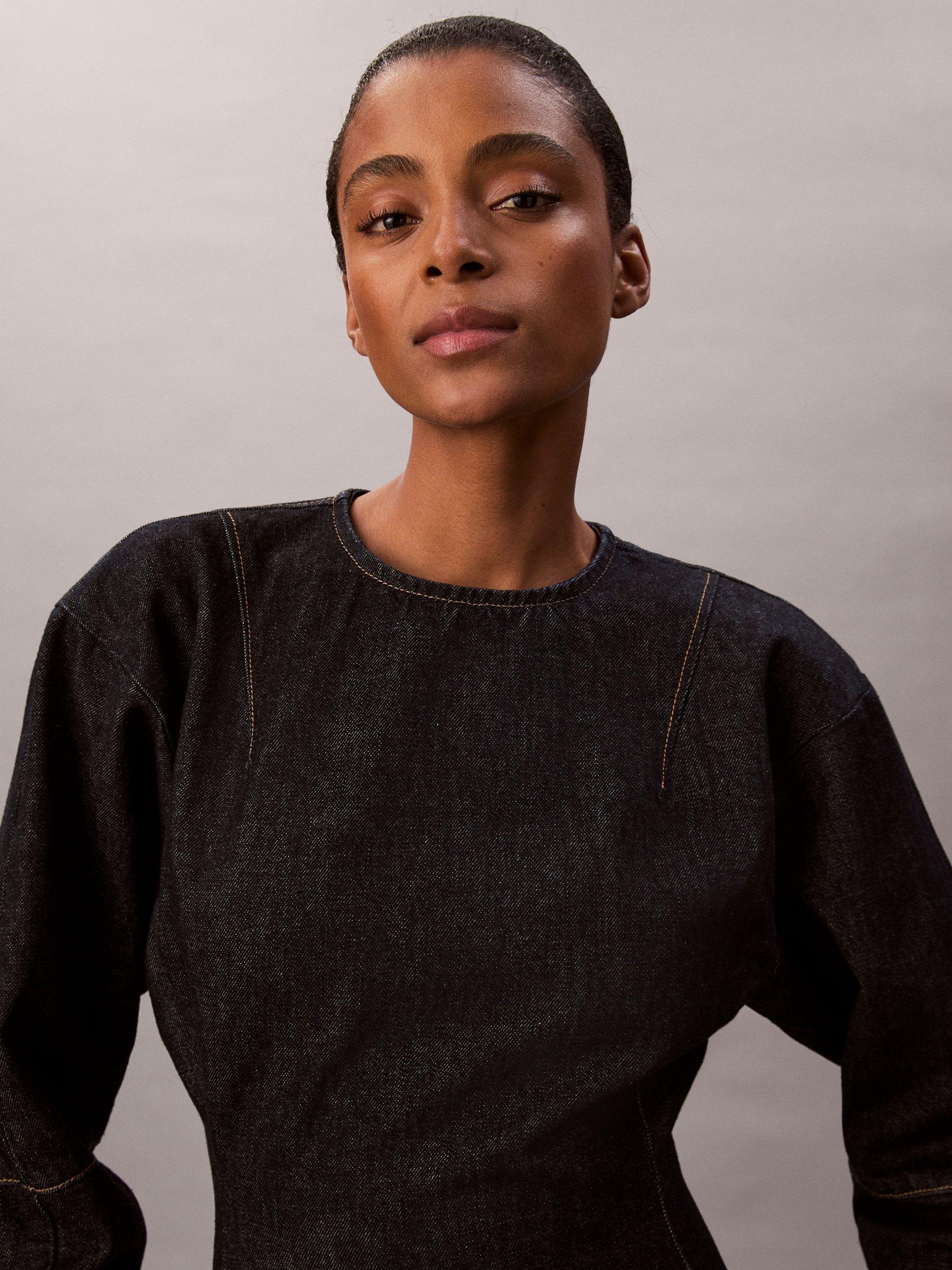 Product image 5 of 6, which shows Calvin Klein Structured Denim Dress, Resin Rinse, XXS