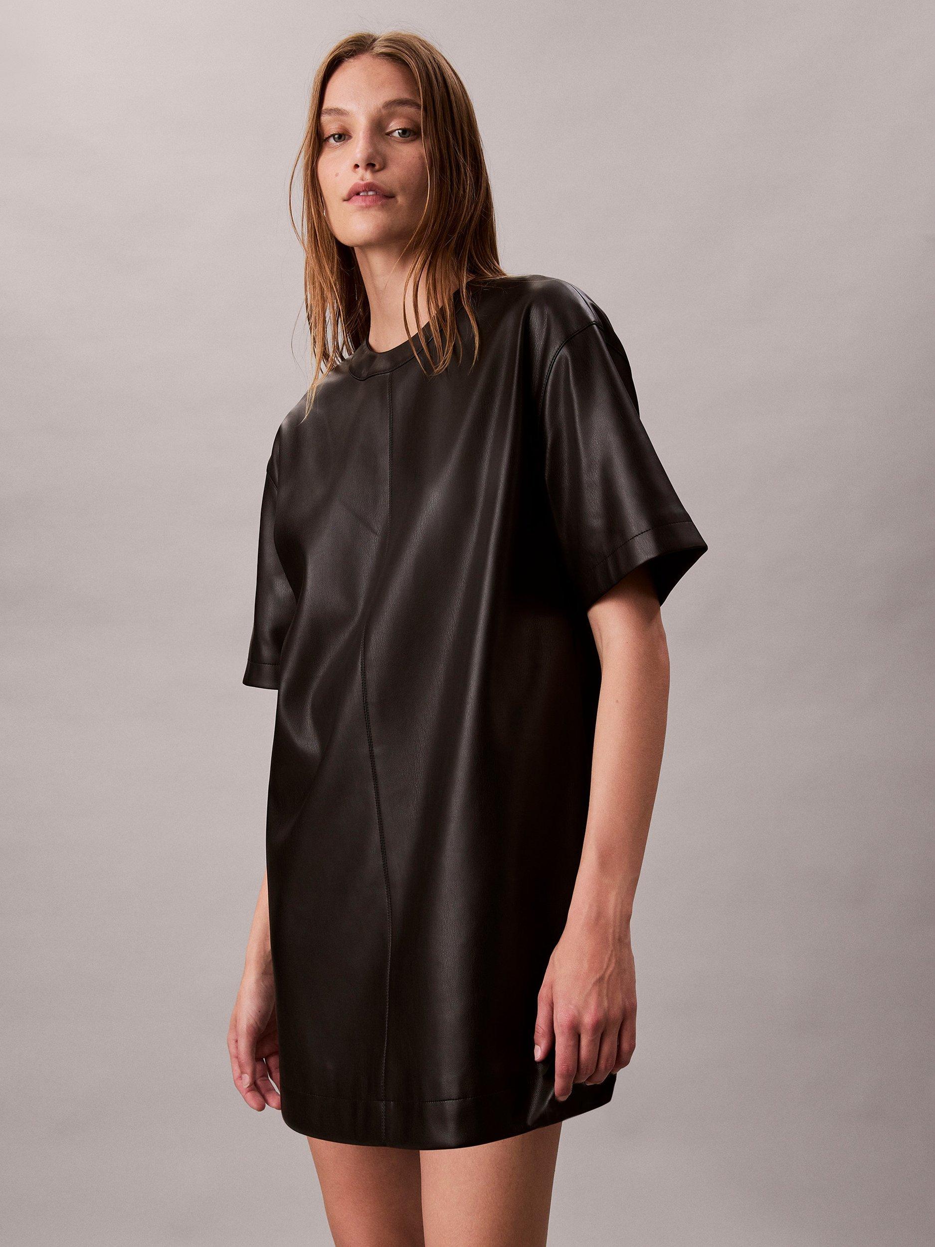 Calvin Klein Faux Leather Short Sleeve Dress, Black