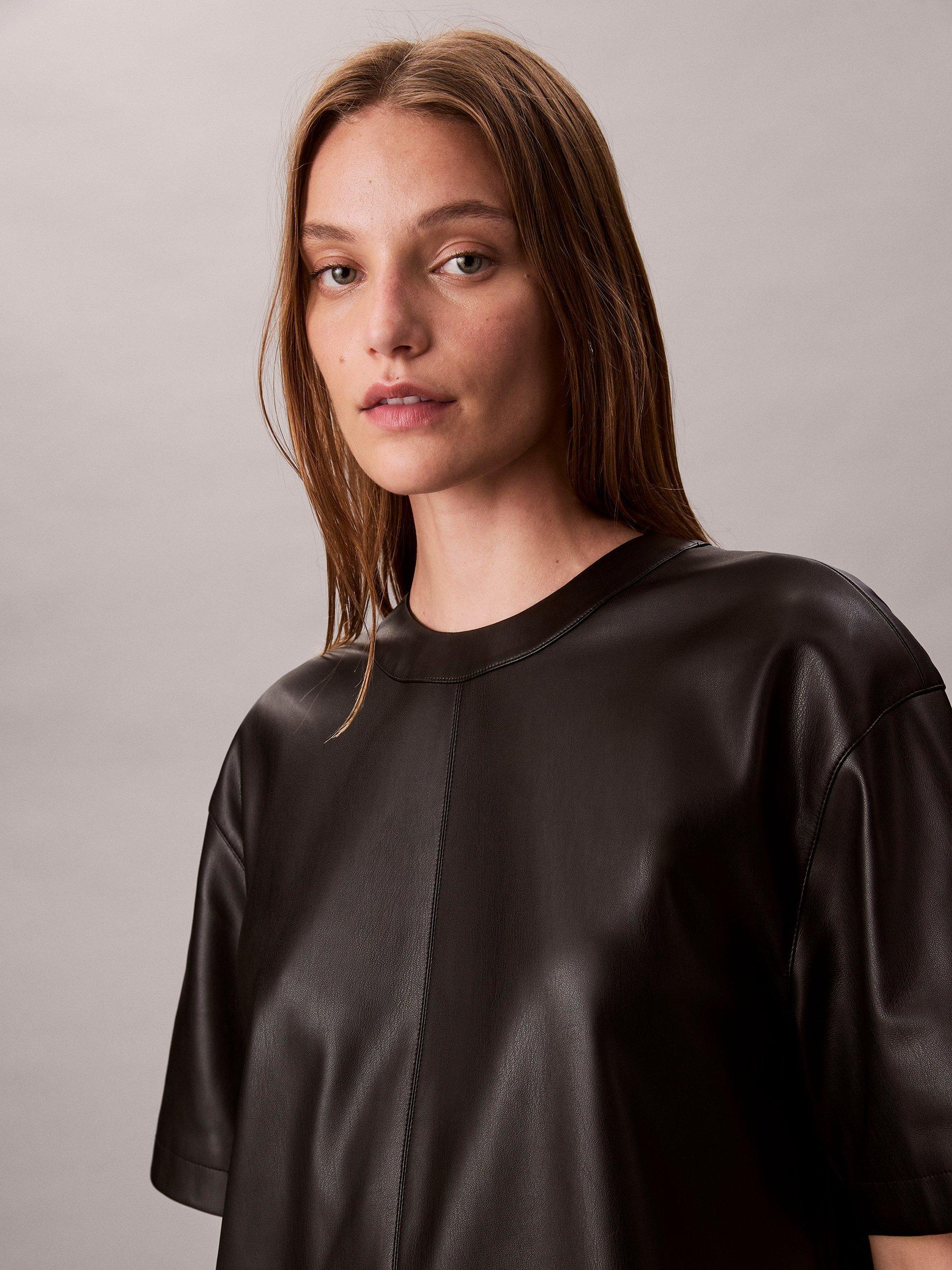 Calvin Klein Faux Leather Short Sleeve Dress, Black