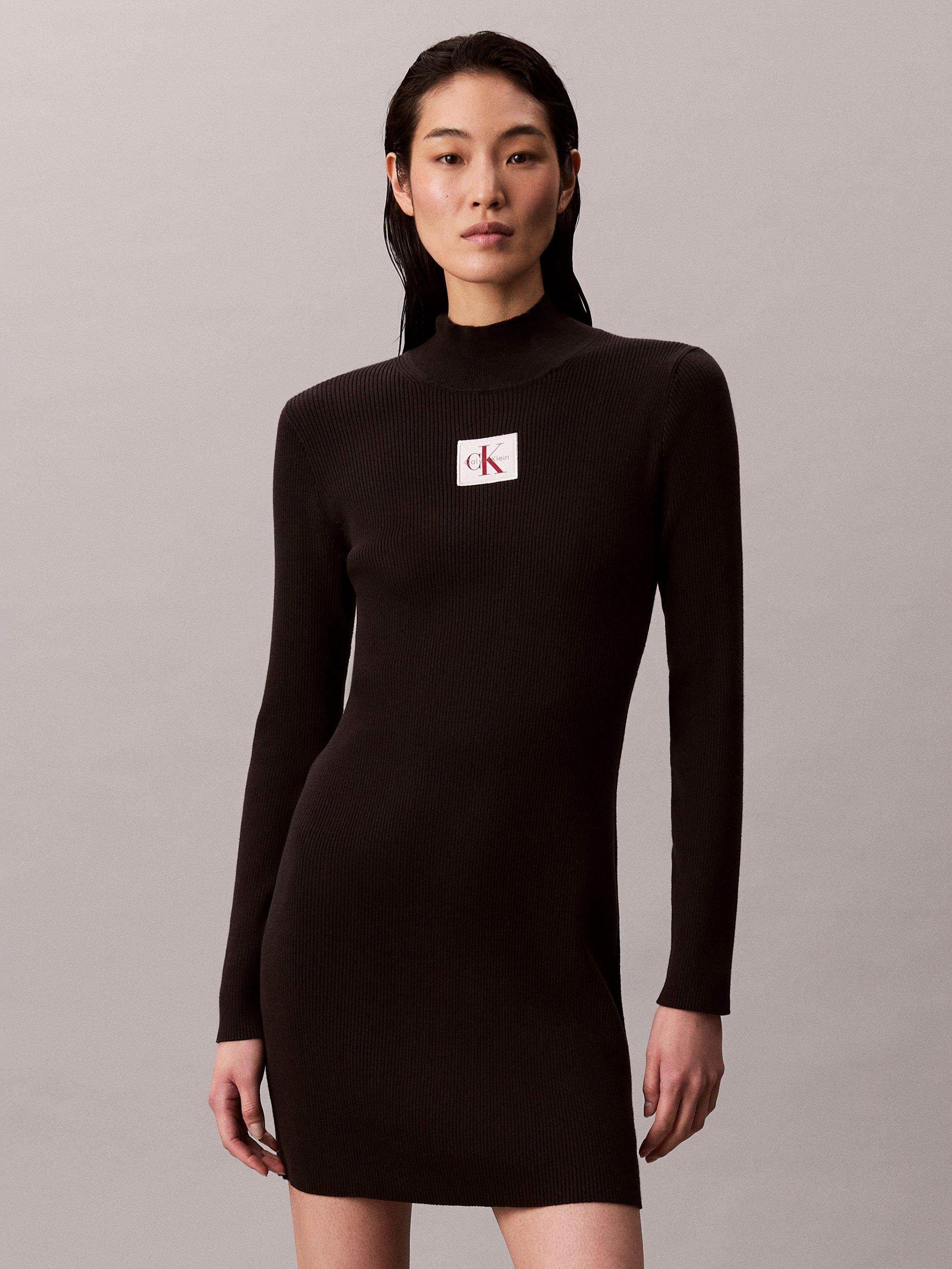 Product image 3 of 6, which shows Calvin Klein Logo Roll Neck Ribbed Dress, Black, XXS