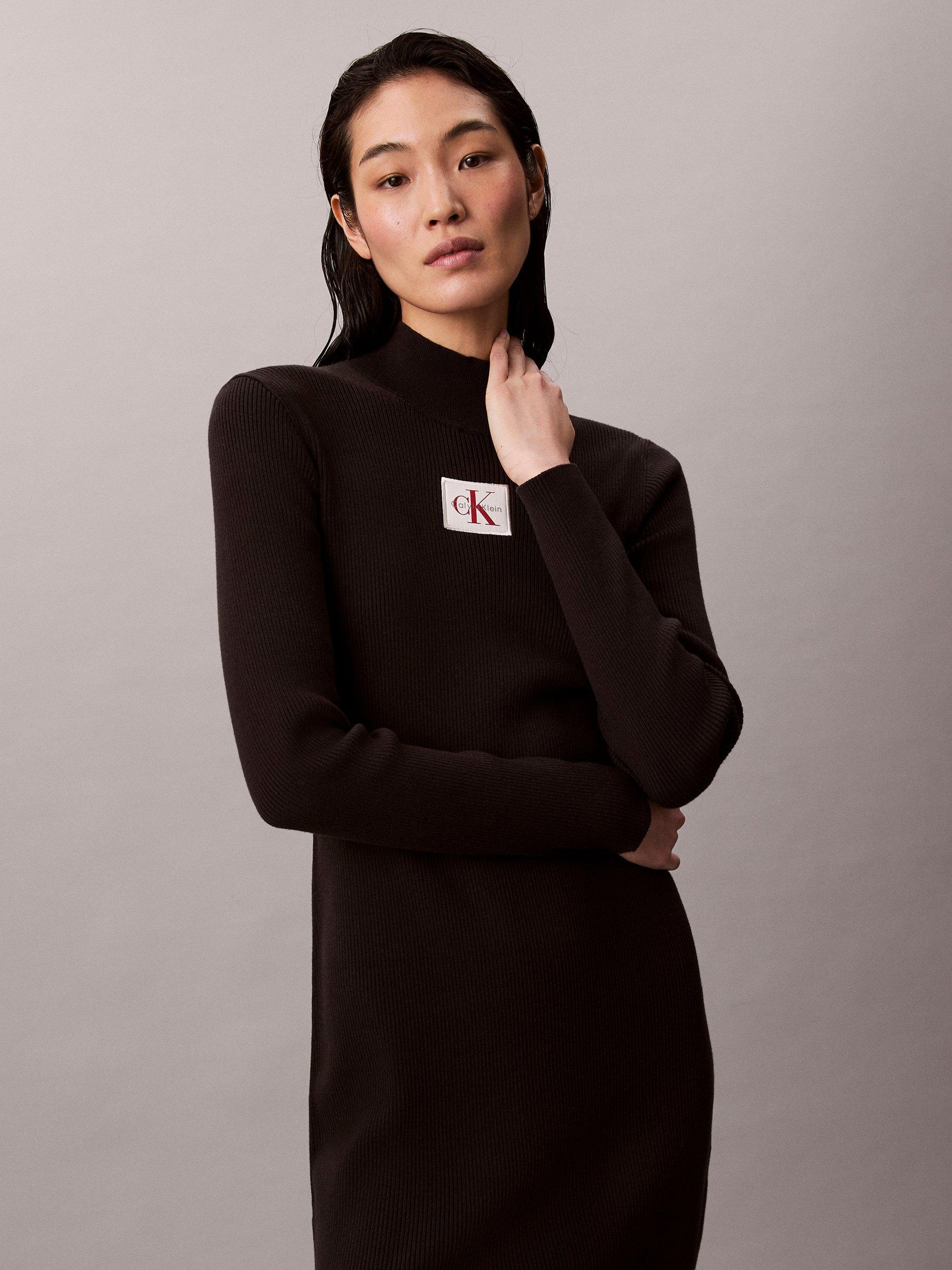 Product image 5 of 6, which shows Calvin Klein Logo Roll Neck Ribbed Dress, Black, XXS