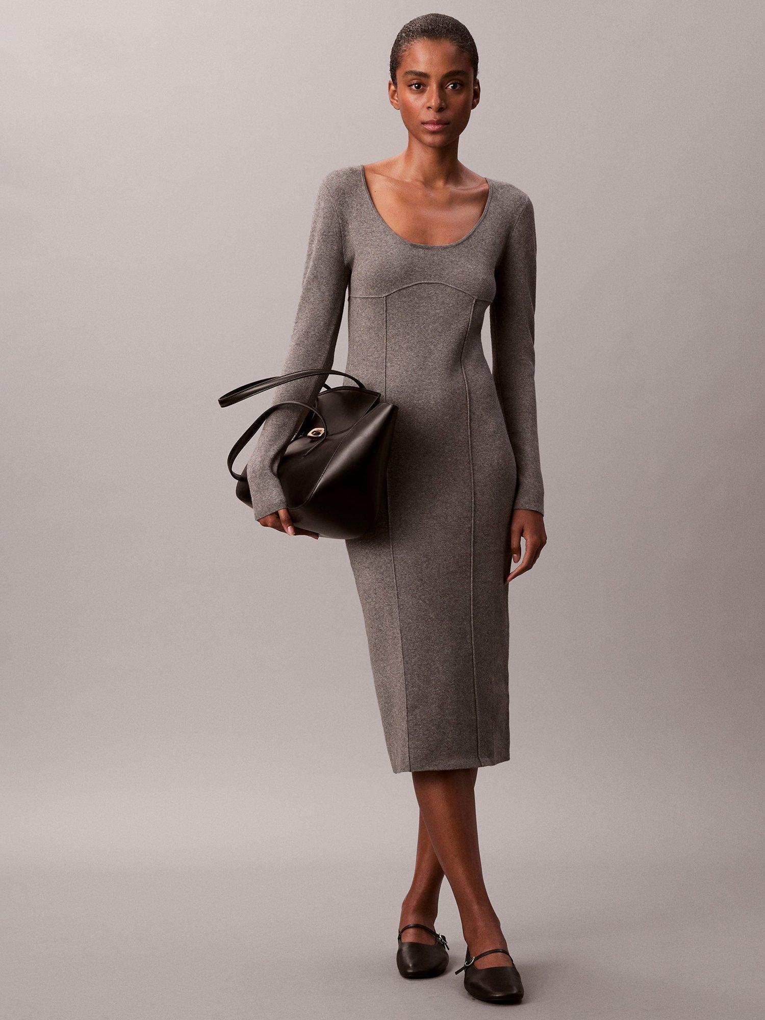 Product image 1 of 5, which shows Calvin Klein Stitch Fabric Midi Dress, Grey Heather, XXS