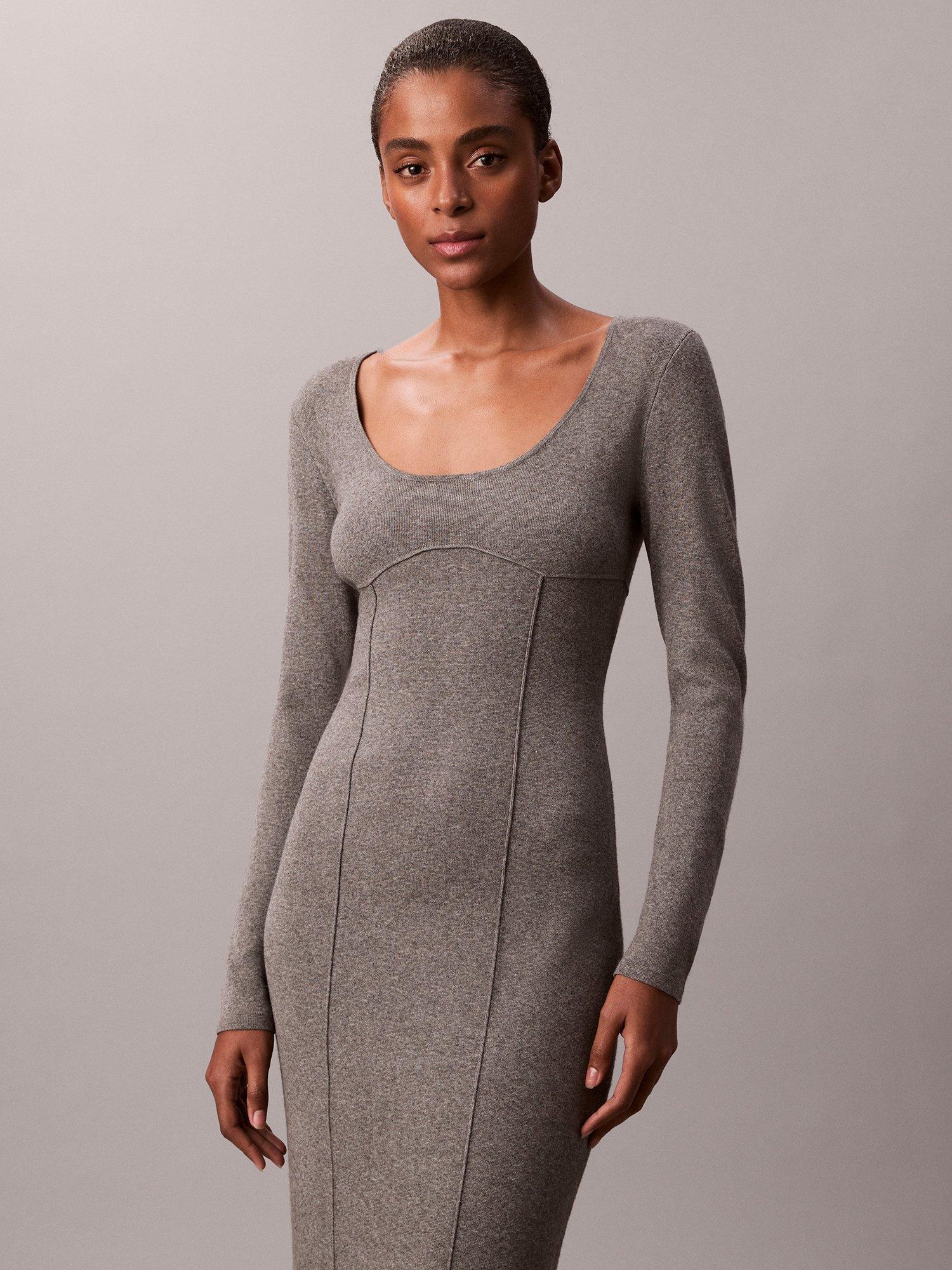 Product image 3 of 5, which shows Calvin Klein Stitch Fabric Midi Dress, Grey Heather, XXS