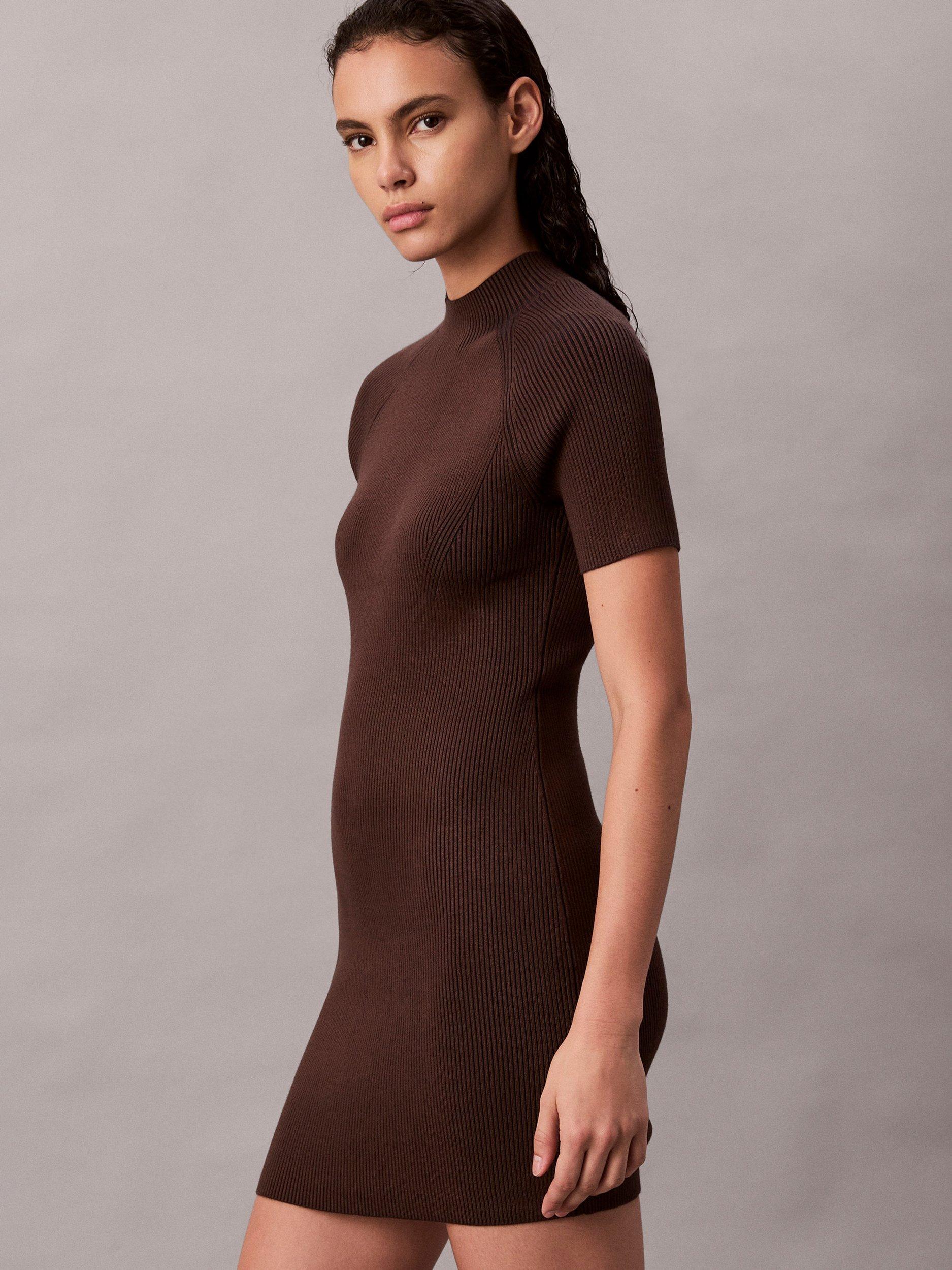 Product image 5 of 5, which shows Calvin Klein Sculpted Knit Mini Dress, Brown Cork, XS