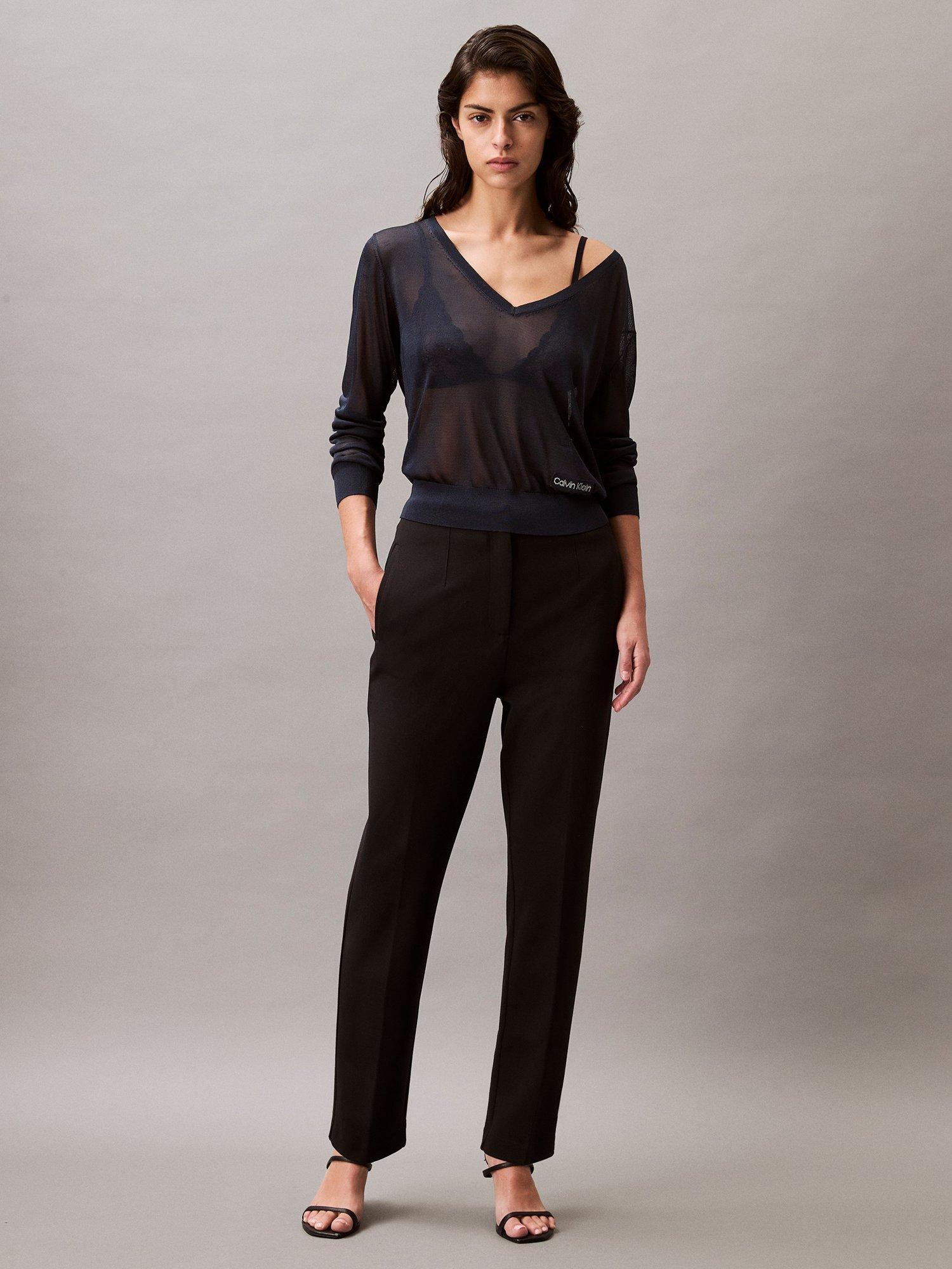 Product image 1 of 6, which shows Calvin Klein Darted Ponte Tailored Trousers, Black, XXS