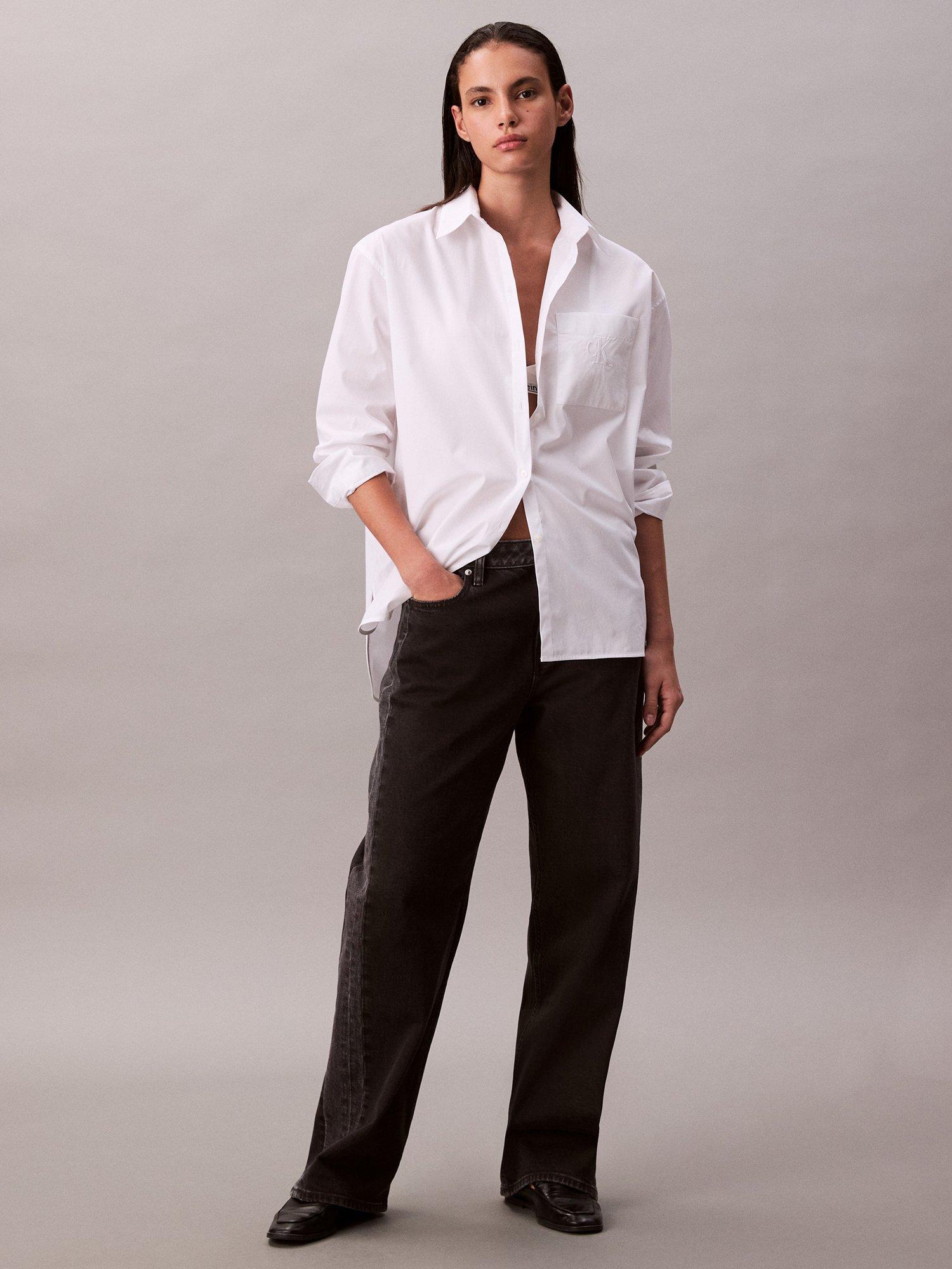 Product image 1 of 6, which shows Calvin Klein Logo Relaxed Cotton Poplin Shirt, Brilliant White, XS