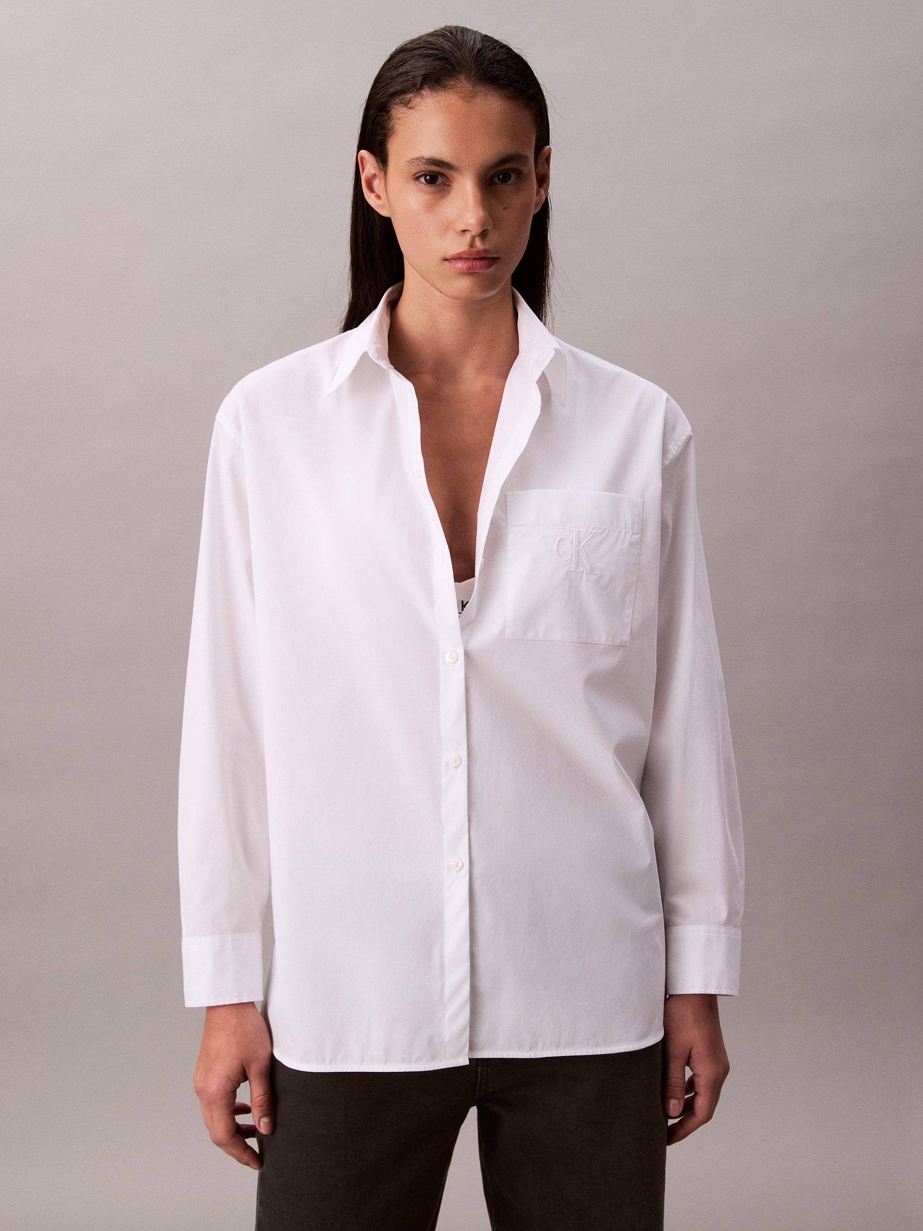 Product image 3 of 6, which shows Calvin Klein Logo Relaxed Cotton Poplin Shirt, Brilliant White, XS