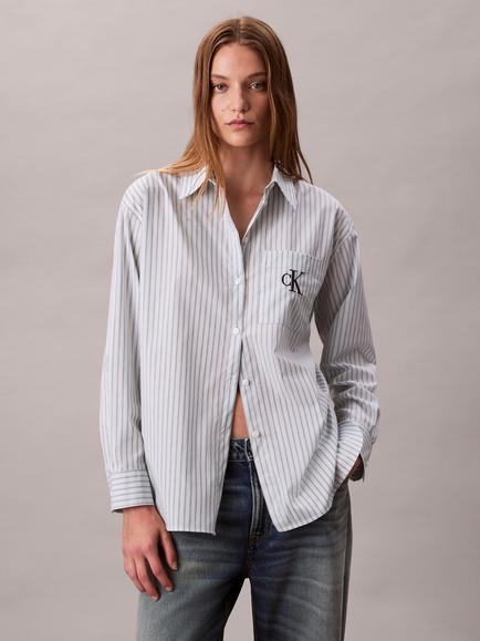 Calvin Klein Logo Stripe Cotton Poplin Shirt, Pale Blue - view 2, Pale Blue
