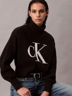 Calvin Klein Oversized Logo Roll Neck Jumper, Black, Black