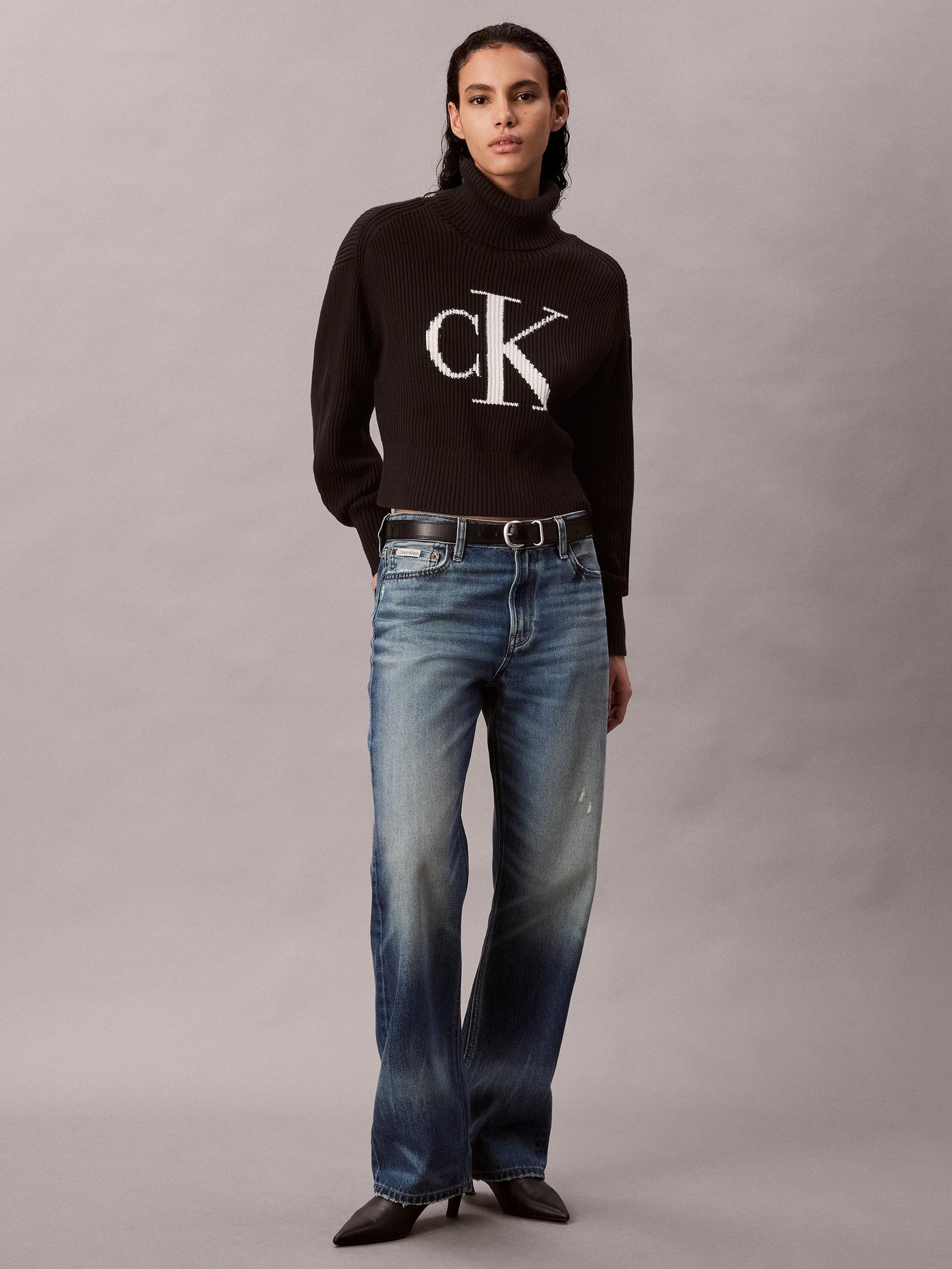 Product image 3 of 5, which shows Calvin Klein Oversized Logo Roll Neck Jumper, Black, XXS