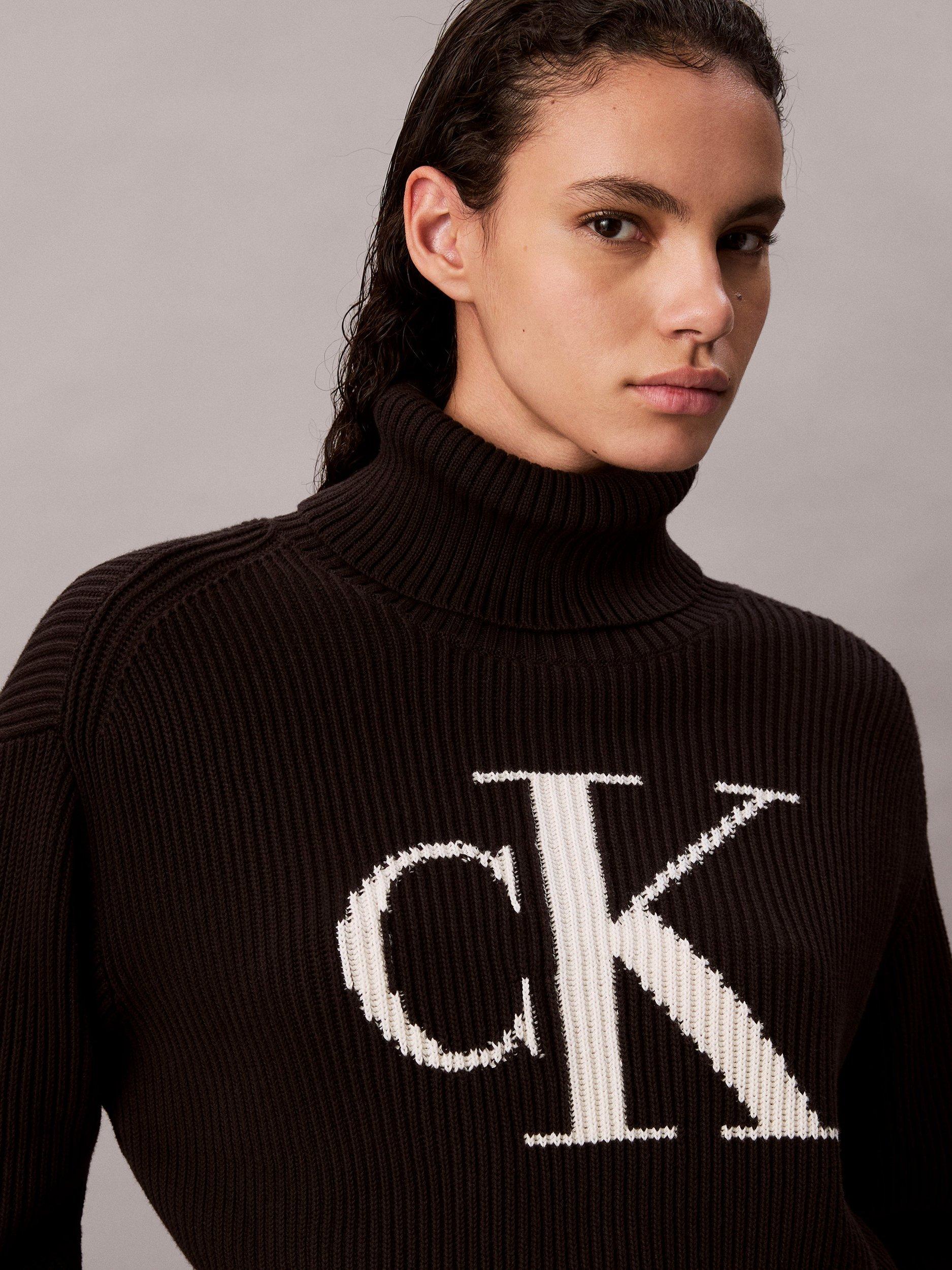 Product image 4 of 5, which shows Calvin Klein Oversized Logo Roll Neck Jumper, Black, XXS