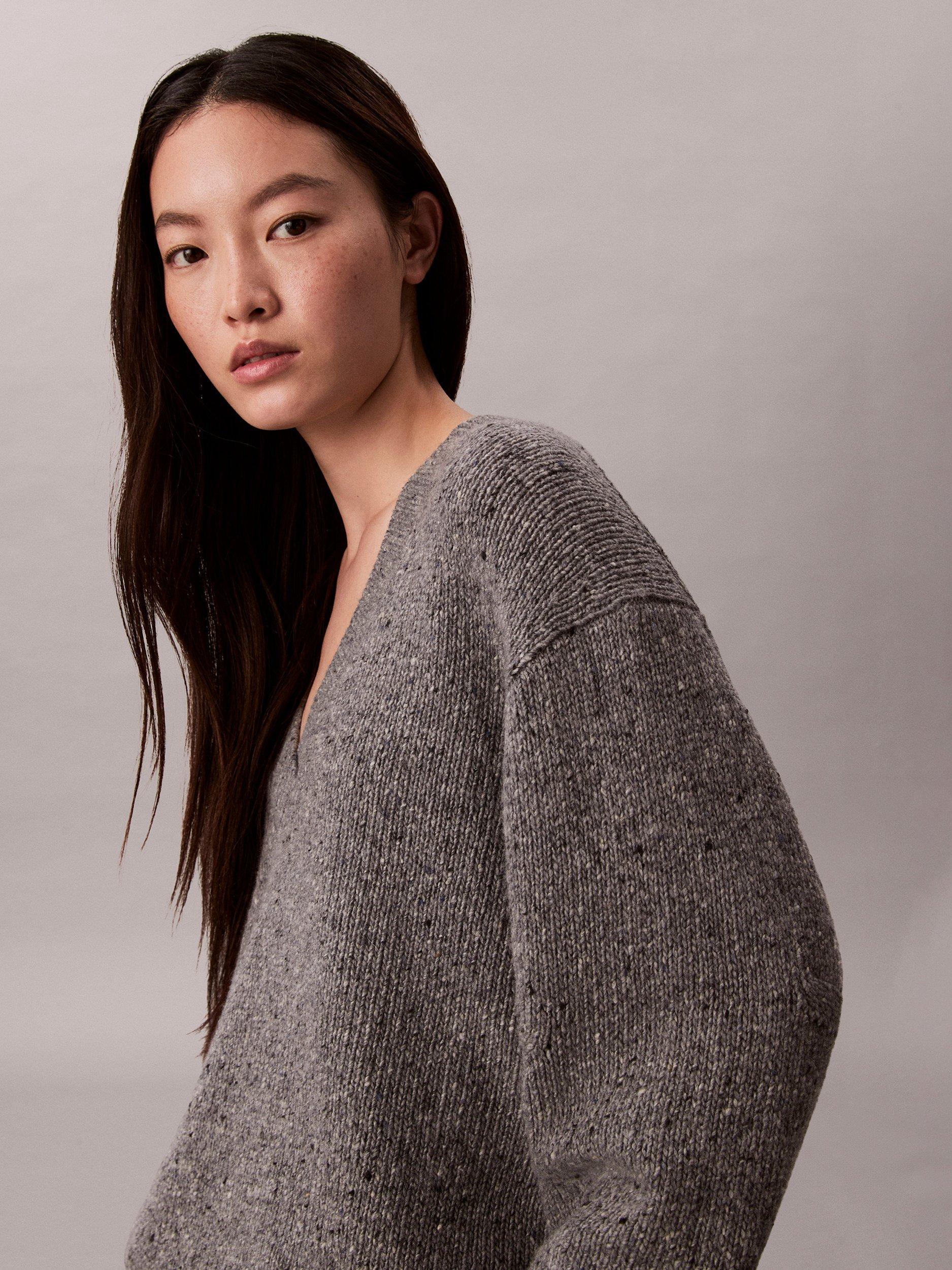 Product image 5 of 7, which shows Calvin Klein Chunky Neps V-Neck Wool Rich Jumper, Stoneflag, S